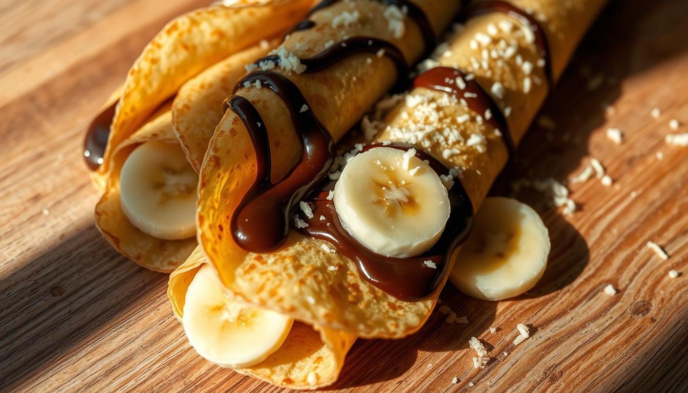 A neatly arranged display of crepes filled with sliced bananas, melted chocolate, and grated cheese, resting on a wooden surface. The crepes are presented in a way that showcases their delicate texture and inviting appearance. Soft, directional lighting from the side casts gentle shadows, creating a warm and appetizing atmosphere. The composition is balanced, with the crepes taking center stage and the background subtly complementing the scene. The overall image conveys a sense of temptation and the desire to savor the flavorful combination of ingredients.