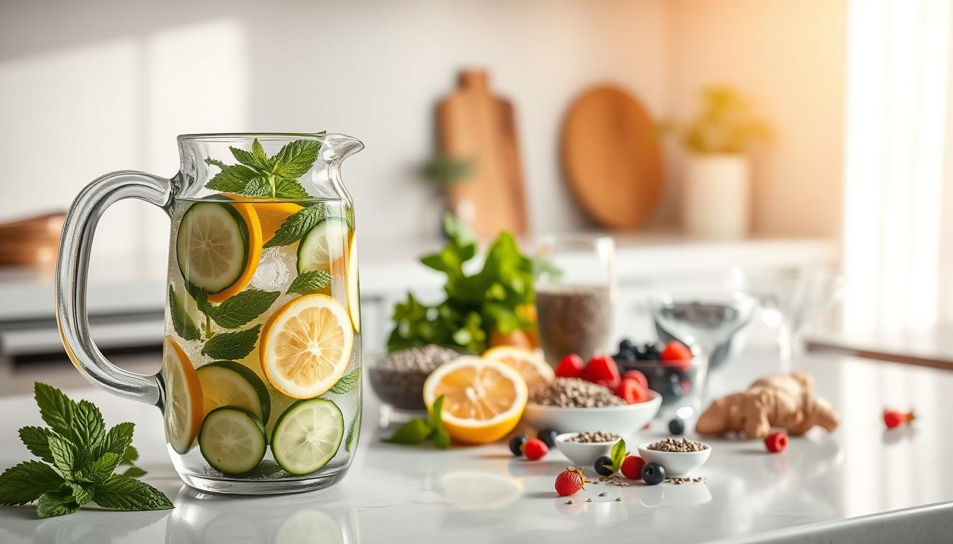 A serene kitchen counter showcasing an assortment of fresh, vibrant ingredients for a healthy detox water. In the foreground, a glass pitcher filled with water, sliced cucumber, lemon wedges, and mint leaves, cast in warm, natural lighting. The middle ground features various superfoods like chia seeds, ginger root, and berries, neatly arranged alongside elegant glassware. The background subtly fades into a minimalist, light-filled space, creating a calming, spa-like atmosphere. This tranquil scene invites the viewer to imagine the refreshing, revitalizing properties of this homemade detox elixir.