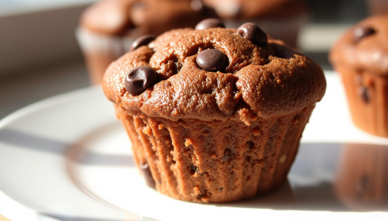 A close-up of a freshly baked mini cupcake with a soft, fluffy texture. The cake is a rich chocolate brown, with visible chocolate chips embedded throughout. The cupcake sits on a white plate, casting subtle shadows that accentuate its three-dimensional form. Soft, natural lighting illuminates the scene, creating a warm, inviting atmosphere. The image conveys the common mistakes people make when baking these types of cupcakes, such as overmixing the batter or using the wrong ingredients, resulting in a dense, dry texture rather than the desired light and airy crumb.