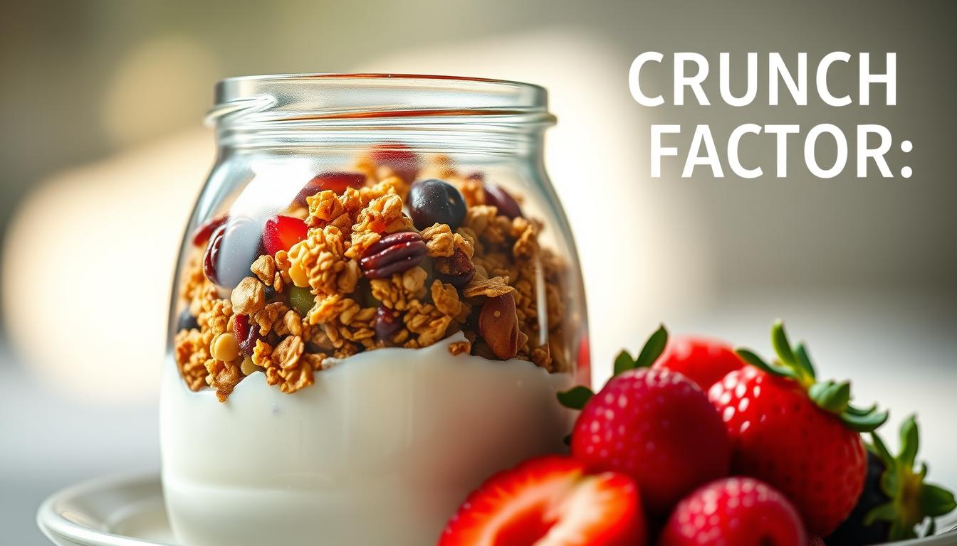 Granola nestled in a glass jar, glistening with honey and speckled with nuts and dried fruit. Sunlight filters through the jar, casting a warm glow. In the foreground, a smooth, creamy yogurt base awaits the crunchy topping. Vibrant, fresh berries add pops of color and juicy sweetness. The image captures the perfect balance of textures and flavors, inviting the viewer to indulge in this nourishing and delightful yogurt parfait. Soft, diffused lighting creates an inviting, appetizing atmosphere, emphasizing the "Crunch Factor" of the granola. Captured with a macro lens, the details of the ingredients shine, enticing the senses.