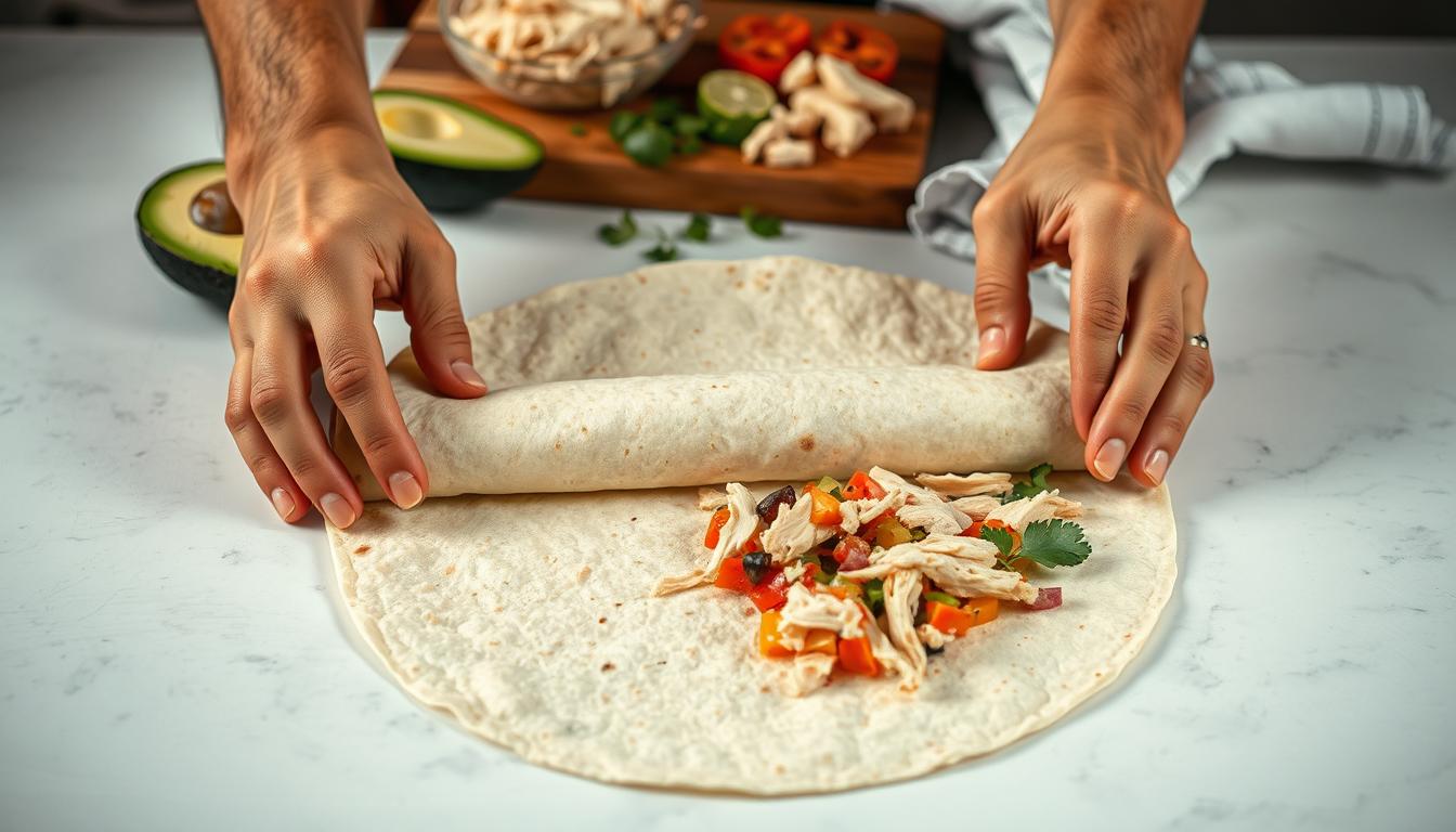 A neatly arranged scene of the tortilla rolling process. The foreground shows a person's hands carefully spreading the tortilla on a clean surface, ready to fill it with fresh ingredients. The middle ground showcases the fillings - avocado slices, shredded chicken, and other vibrant toppings. In the background, a wooden cutting board and a kitchen towel set the rustic, homemade atmosphere. Soft, natural lighting illuminates the scene, casting gentle shadows and highlighting the textures of the tortilla and ingredients. The overall composition conveys the step-by-step process of crafting a delicious, handmade tortilla wrap.