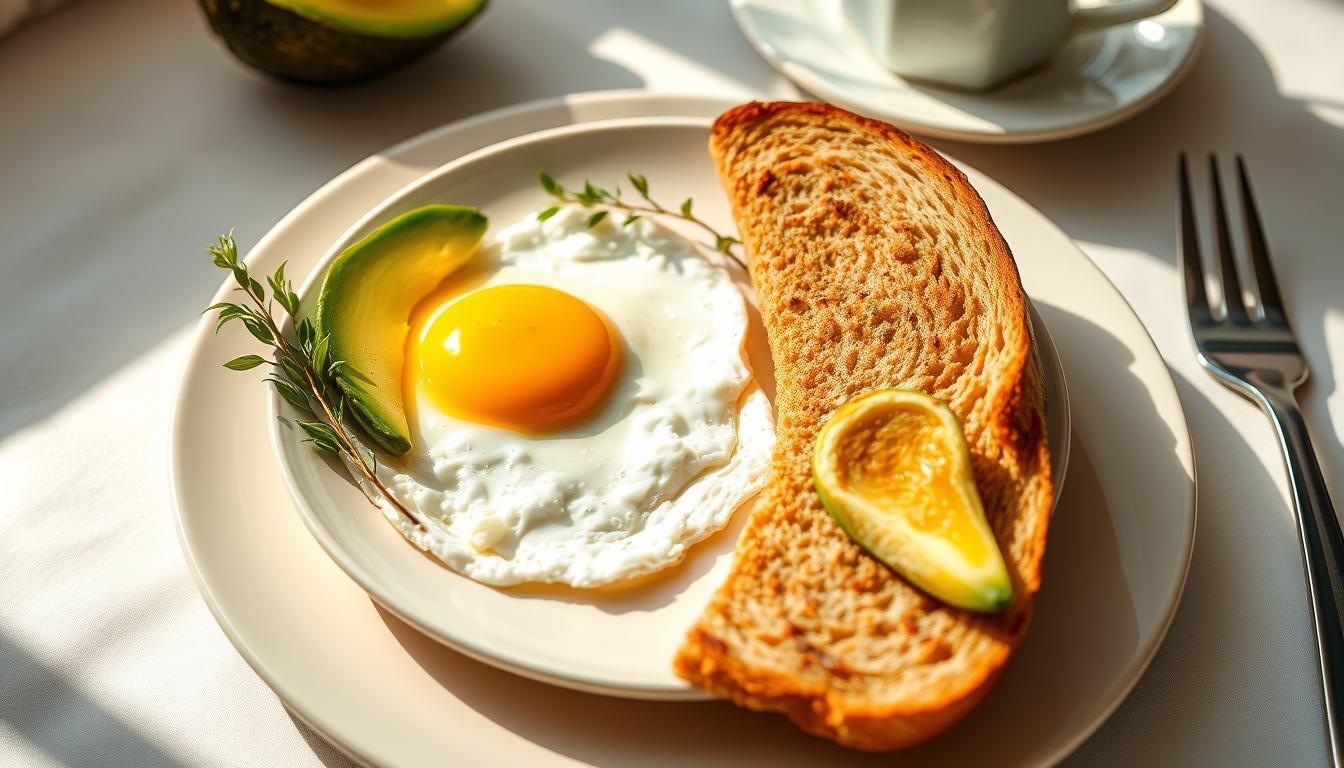 A visually appetizing spread of a healthy breakfast menu, featuring an artfully arranged plate showcasing a golden-yolked fried egg, slices of ripe avocado, and freshly toasted whole-grain bread, all bathed in warm natural lighting. The table setting is minimalist and elegant, with a sprig of greenery adding a touch of freshness. The overall composition evokes a sense of balance, simplicity, and nourishment, perfectly complementing the "Tips Penyajian yang Menarik" section of the article.