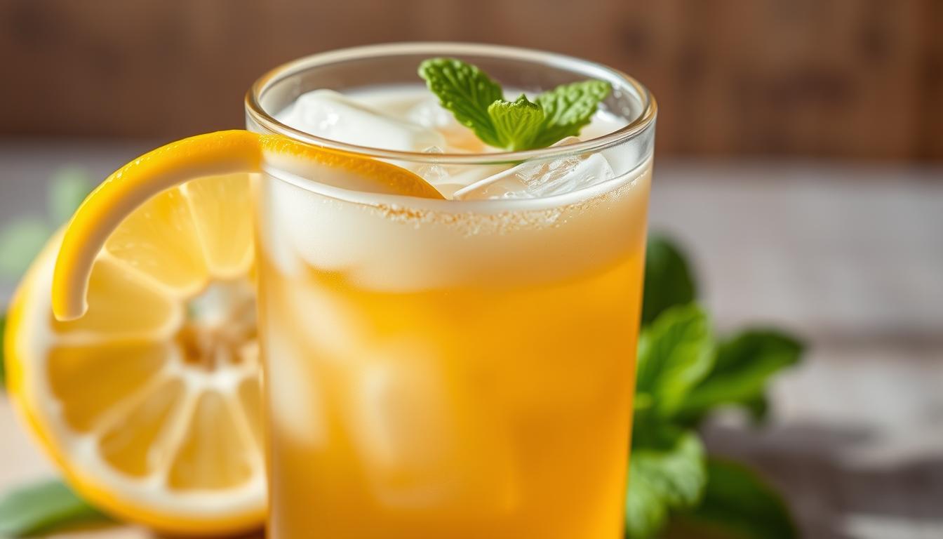 A refreshing glass of Iced Tea Lemonade with Milk, showcasing a layered and vibrant composition. In the foreground, a clear glass filled with a chilled, golden-hued lemonade tea, topped with a layer of frothy, creamy white milk. Floating ice cubes catch the light, creating a sparkling effect. The middle ground features a fresh lemon wedge, its vibrant yellow hue adding a zesty contrast. In the background, a subtle backdrop of delicate mint leaves, their green hues providing a fresh, herbal touch. The lighting is soft and diffused, casting a warm, inviting glow on the entire scene. Captured with a close-up, high-resolution lens, emphasizing the intricate details and refreshing flavors of this delightful Iced Tea Lemonade with Milk.