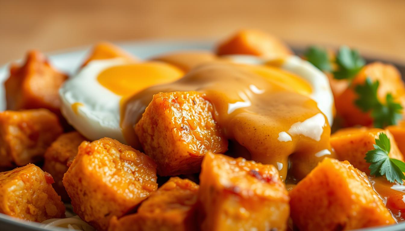 A delectable arrangement of crisp, golden-brown tofu cubes, nestled alongside fluffy, lightly fried eggs, all draped in a rich, nutty peanut sauce. The foreground features the vibrant, textural contrast of the tofu and eggs, while the middle ground showcases the creamy, fragrant peanut sauce, glistening with a hint of sweetness. The background is softly blurred, allowing the focus to remain on the harmonious interplay of flavors and textures. Subtle lighting casts a warm, inviting glow, accentuating the depth and depth of the dish. The overall composition evokes a sense of homemade comfort and nourishing indulgence.