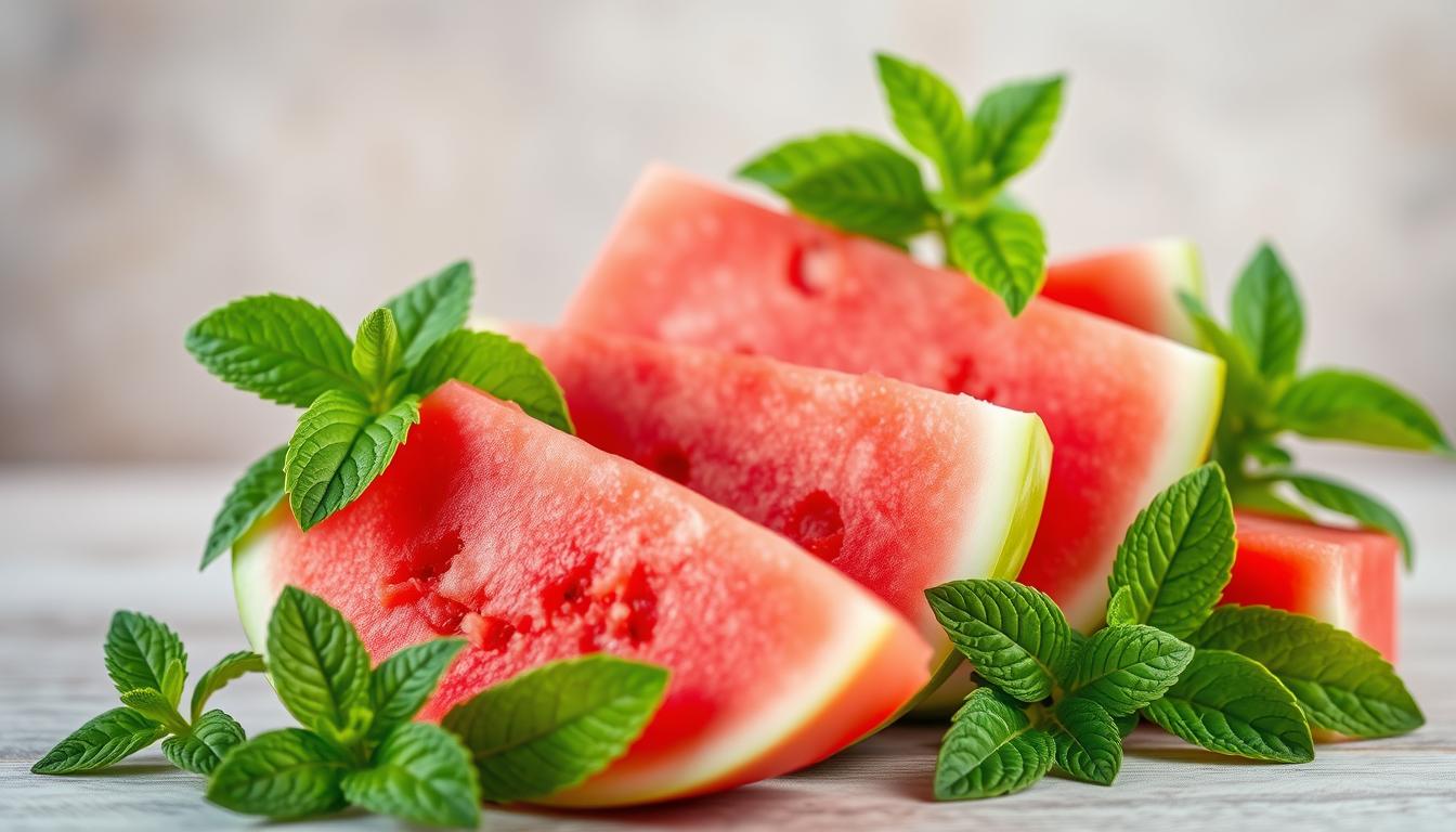 A vibrant arrangement of freshly sliced watermelon (blewah) and lush, fragrant mint leaves (mint) against a soft, natural background. The watermelon's juicy pink flesh and the mint's verdant green hues create a visually captivating contrast. Soft, diffused lighting illuminates the scene, highlighting the succulent textures and bringing out the natural vibrancy of the ingredients. The composition is balanced, with the watermelon and mint positioned in the foreground, allowing their health-promoting properties to take center stage. This image conveys the refreshing and nourishing qualities of these two key ingredients, setting the stage for an article exploring their beneficial effects on overall well-being.