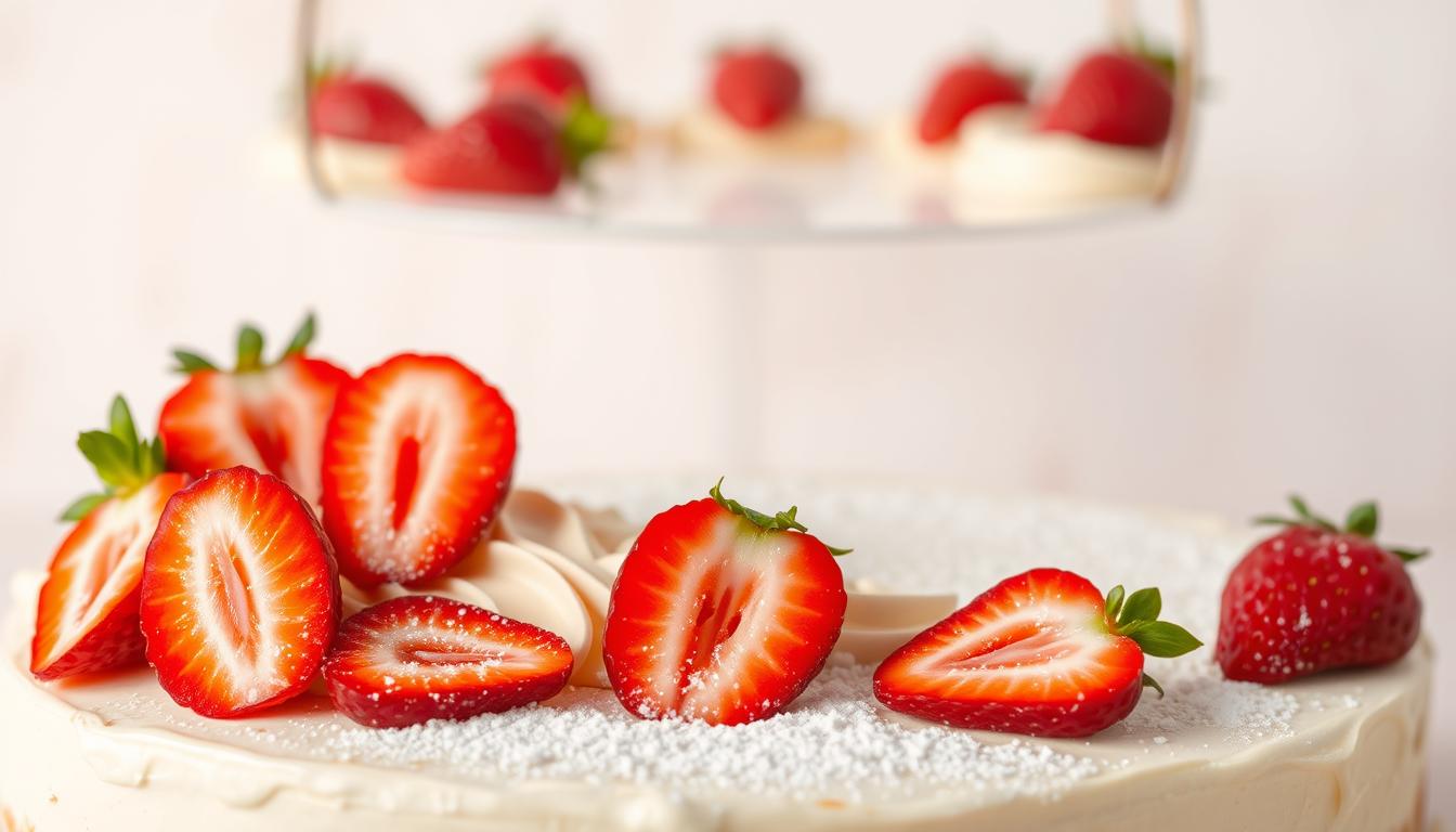 An elegant gateau with a delicate balance of strawberry and vanilla flavors, set against a backdrop of soft, pastel-hued textures. In the foreground, the cake's surface is adorned with carefully piped swirls of creamy vanilla buttercream, interspersed with fresh, juicy strawberry slices arranged in a visually appealing pattern. The middle ground features a dusting of powdered sugar, adding a subtle sweetness and a touch of refinement. The background showcases a minimalist, light-colored setting, allowing the vibrant colors and intricate details of the dessert to take center stage. Soft, natural lighting casts a warm, inviting glow, highlighting the cake's moist, tender crumb and the glossy sheen of the buttercream. The overall composition conveys a sense of artisanal craftsmanship and a celebration of the delightful fusion of strawberry and vanilla flavors.