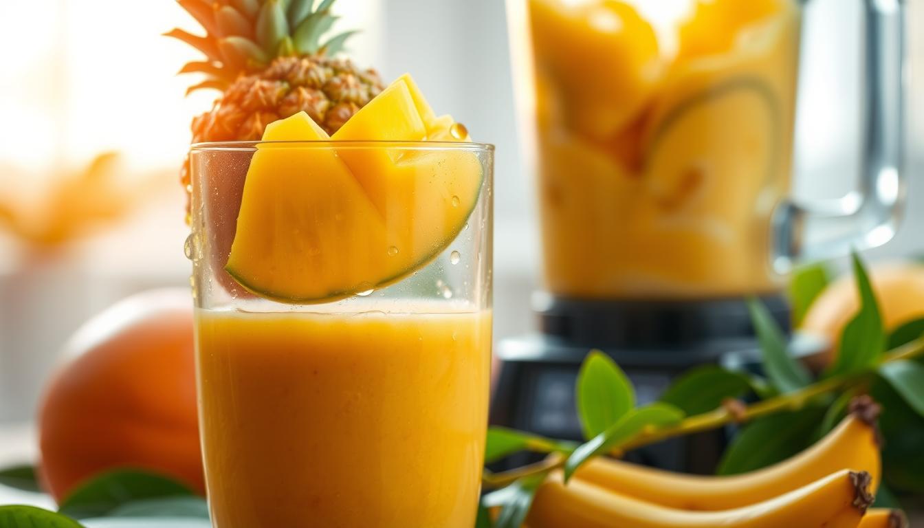 A serene and vibrant tropical smoothie scene. In the foreground, a lush, ripe mango and pineapple float gracefully in a glass filled with a thick, golden-hued smoothie. Droplets of condensation glisten on the glass, creating a refreshing, thirst-quenching atmosphere. The middle ground features a blender with a swirling, creamy mixture, surrounded by vibrant green leaves and stems, hinting at the healthful ingredients. In the background, a soft, warm light filters through a window, casting a golden glow and evoking a sense of tranquility. The overall mood is one of rejuvenation, balance, and the restorative power of nature's bounty.