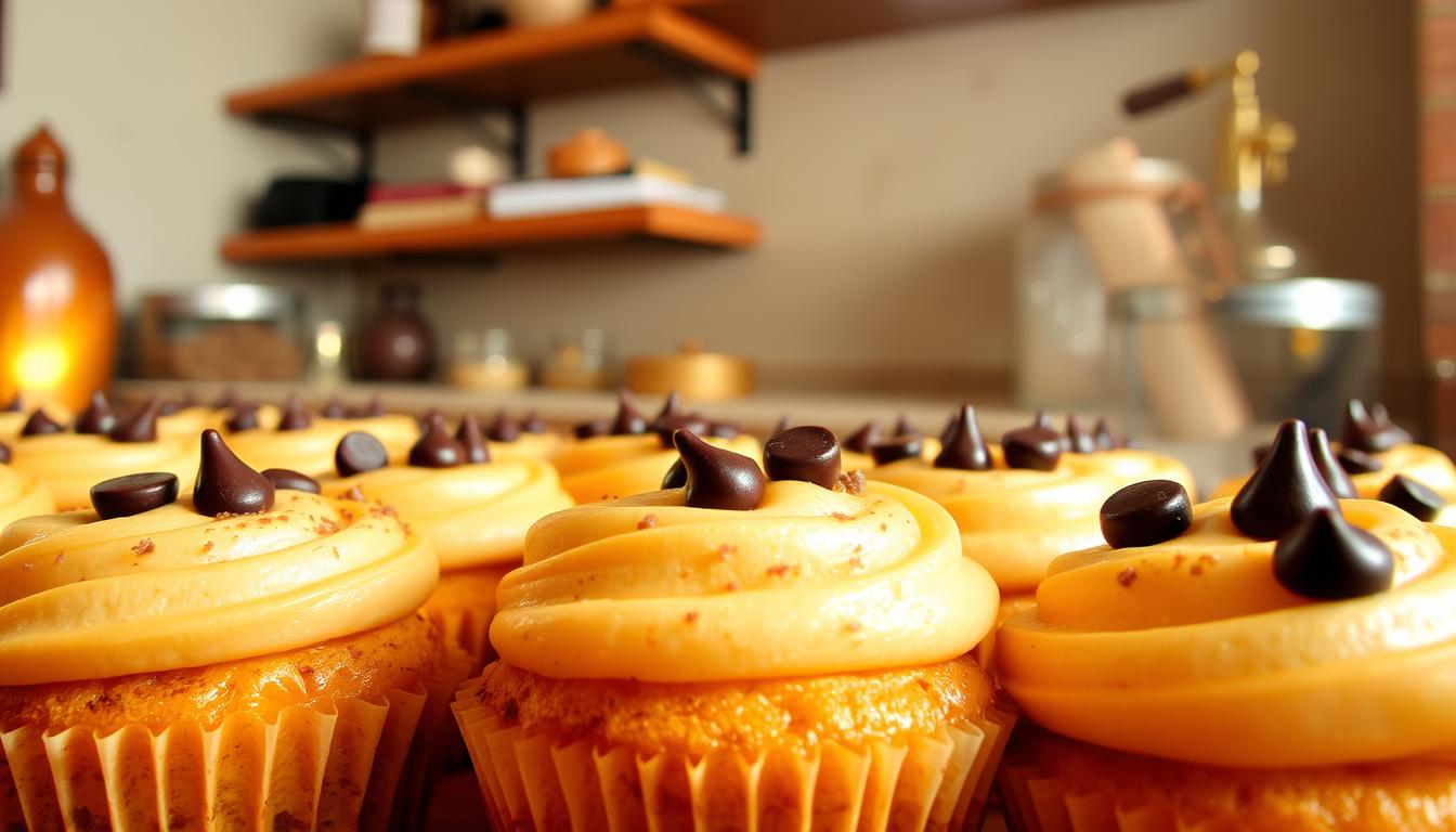 A scrumptious Kue Cubit Favorit, freshly baked with a delectable aroma wafting through the air. The soft, pillowy cupcakes are adorned with a rich chocolate chip topping, glistening under warm, natural lighting. The scene is captured from a tantalizing low angle, showcasing the inviting texture and tempting flavors. In the background, a cozy, rustic bakery setting with wooden shelves and brass accents sets the mood for an artisanal, homemade treat. The image conveys a sense of comfort, quality, and irresistible indulgence, perfectly complementing the "Rekomendasi Tempat Membeli Kue Cubit Terbaik" section.