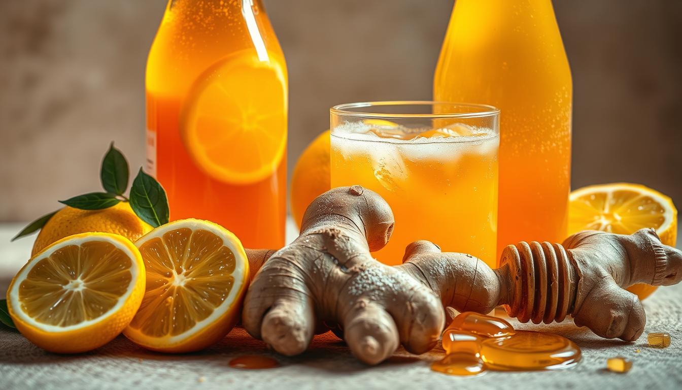 Detailed still life of vibrant, refreshing ingredients for homemade ginger, lemon, and honey soda. Warm, natural lighting illuminates glass bottles filled with fizzing orange-hued liquid, sliced lemon wedges, fresh ginger root, and a drizzle of golden honey. Arrangement set against a neutral, textured background that enhances the vivid colors and rich, soothing tones. Composition emphasizes the healthful, aromatic properties of the beverage and its ingredients. Crisp, high-resolution image captured with a macro lens to highlight the intricate details.