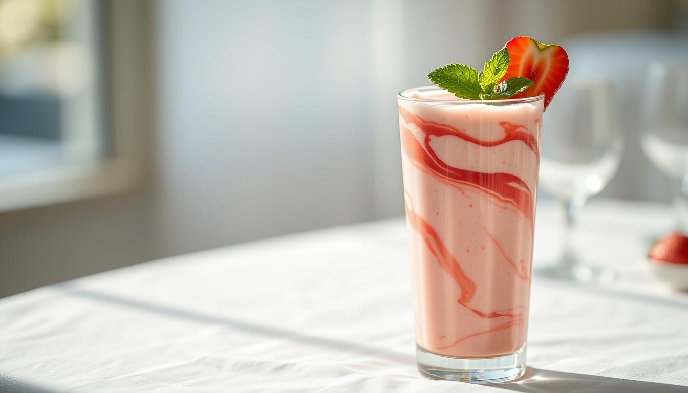 A delectable strawberry yogurt smoothie, served in a tall glass with a swirly pink hue, garnished with a vibrant red strawberry slice and a sprig of fresh mint, resting on a crisp white table linen. Soft, natural lighting casts a warm, inviting glow, highlighting the smoothie's luscious, creamy texture. The scene evokes a sense of elegance and celebration, perfect for a special occasion. The background is a blurred, ethereal scene, allowing the smoothie to take center stage as the star of the composition.