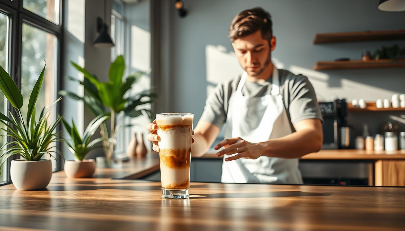 A modern, stylish coffee shop setting with a barista presenting a refreshing cold coconut milk coffee drink. The barista wears a crisp white apron and is positioned behind a sleek wooden counter, meticulously crafting the beverage. The drink is served in a clear glass, showcasing the layers of coconut milk, coffee, and ice cubes. Soft natural lighting filters through large windows, creating a warm, inviting ambiance. The background features minimalist decor, potted plants, and a hint of tropical greenery, evoking a tranquil, contemporary vibe. The overall scene radiates a sense of artisanal craftsmanship and a celebration of the unique coconut milk coffee experience.