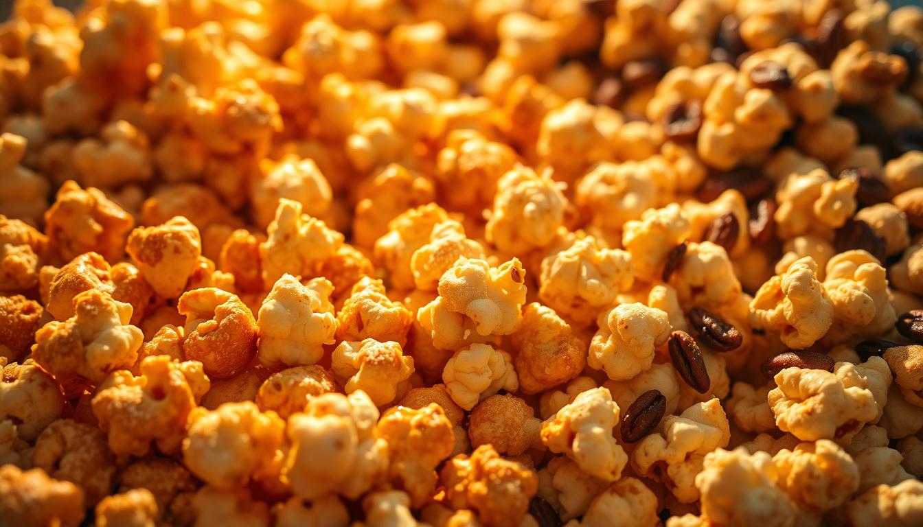 A vibrant array of sweet popcorn variations, bathed in warm, golden light. In the foreground, glistening caramelized popcorn kernels, dusted with a delicate coating of coconut sugar. In the middle ground, rows of popcorn balls drizzled with caramel and sprinkled with shredded coconut. In the background, a delightful assortment of popcorn clusters, some coated in a layer of chocolate, others tossed with candied nuts and dried fruit. The overall scene exudes a sense of indulgence and celebration, inviting the viewer to savor the diverse flavors and textures of this delectable popcorn medley.