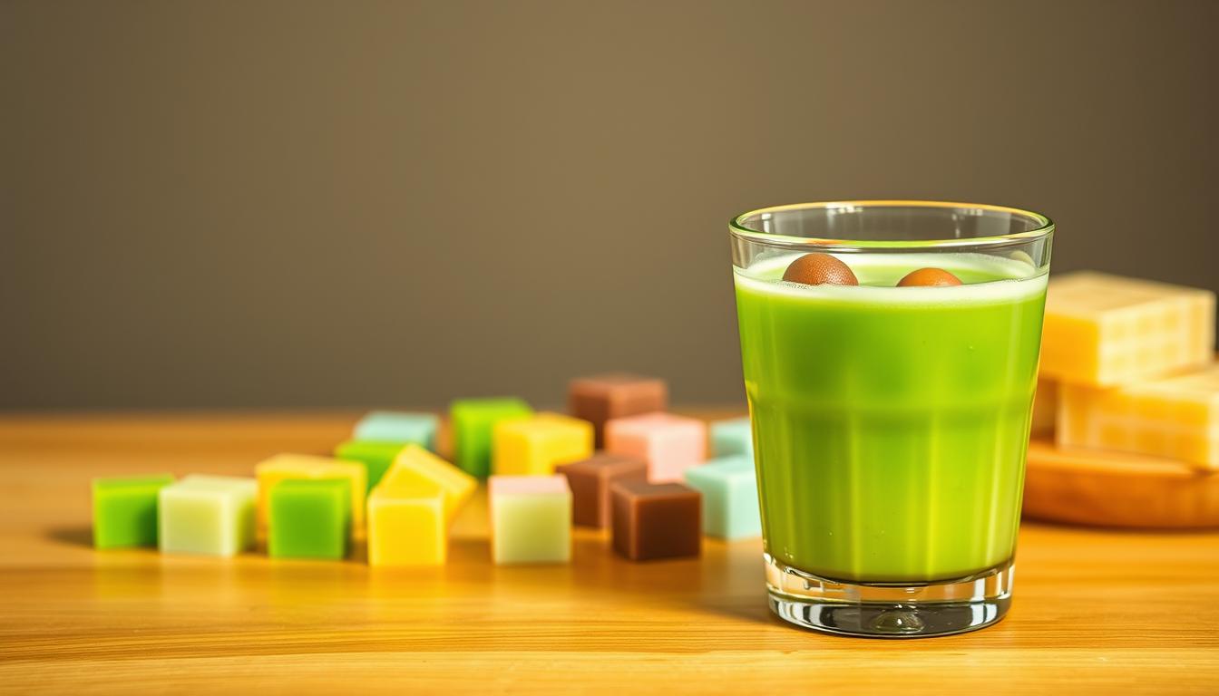 A vibrant and whimsical scene depicting the "Variasi Rasa Cincau Matcha Latte". In the foreground, a delicate matcha latte is served in a transparent glass, its vivid green hue contrasting with the creamy foam on top. Suspended within the latte are floating spheres of various colors, representing the diverse flavors of the cincau (grass jelly) - perhaps pandan, taro, and chocolate. The middle ground features an assortment of cincau cubes in an array of pastel shades, arranged artfully on a wooden table. The background is softly blurred, creating a sense of depth and focus on the main subject. The lighting is soft and diffused, enhancing the dreamy, inviting atmosphere. The overall composition is balanced and visually striking, showcasing the unique and enticing qualities of this Variasi Rasa Cincau Matcha Latte.