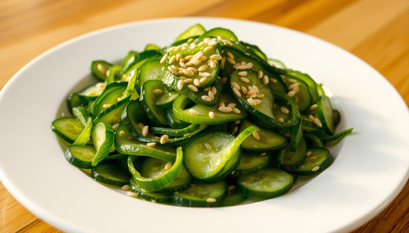 A plate of fresh, crunchy cucumber salad sits on a wooden table, adorned with a light drizzle of sesame oil and a sprinkle of roasted white sesame seeds. The salad's vibrant green hues are accentuated by the warm, golden lighting that casts a soft glow, creating an inviting and appetizing scene. The cucumbers are sliced thinly, revealing their crisp, watery texture, while the sesame seeds add a delightful crunch and nuttiness. The overall composition is simple yet elegant, capturing the essence of a refreshing and flavorful cucumber salad that is ready to be savored.