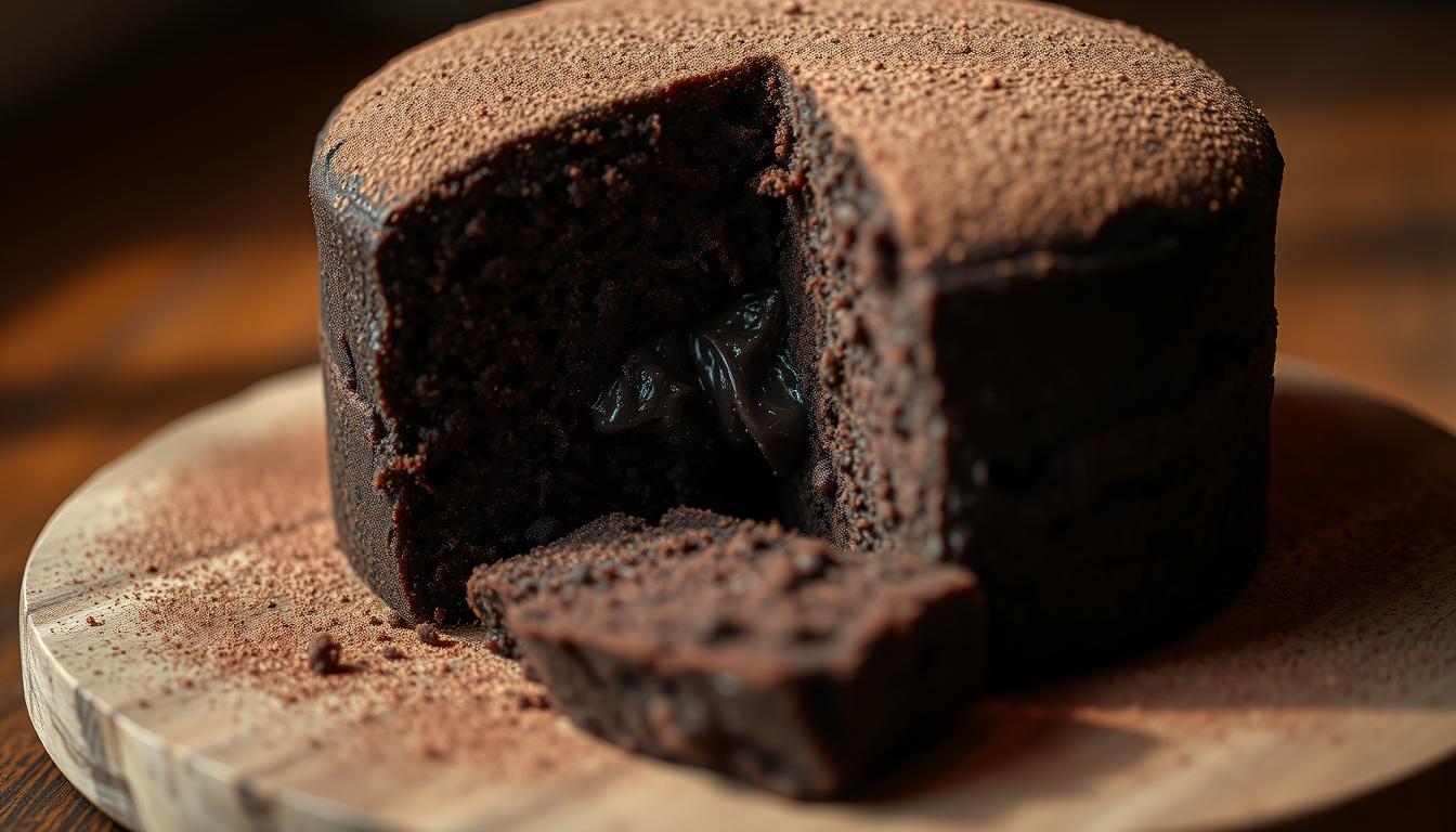 A delectable sad cake, its moist chocolate crumb infused with a melancholic air. Dusted with a fine layer of cocoa powder, the cake's surface glistens alluringly, beckoning to be sliced. Inside, a rich, fudgy center oozes temptingly, its bittersweet notes balanced by a whisper of sweetness. Soft, yet substantial, the cake rests atop a simple wooden board, bathed in warm, diffused lighting that casts gentle shadows, heightening the cake's somber elegance. The scene evokes a sense of quiet contemplation, a melancholic indulgence for the senses.