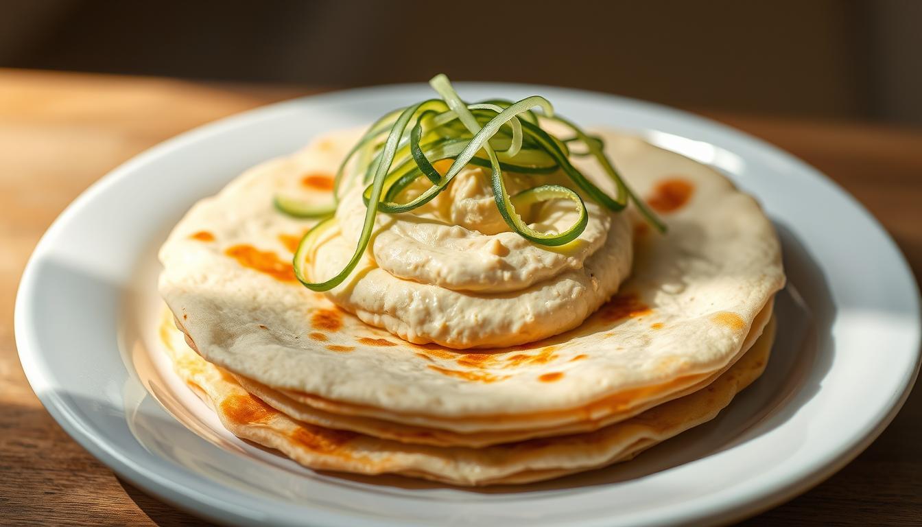Roti Lapis Penuh Cinta dengan Hummus dan Timun: a meticulously crafted, flawlessly plated artisanal roti lapis, its layers of tender yet crisp flatbread embracing a generous dollop of creamy, silky hummus, crowned with delicate ribbons of freshly shredded cucumber. Soft natural lighting bathes the composition, accentuating the warm golden hues of the bread and the vibrant green of the vegetables. The frame is tightly composed, drawing the viewer's eye to the harmonious interplay of textures and flavors. An atmosphere of care, attention to detail, and culinary mastery permeates the scene, inviting the viewer to savor every bite.