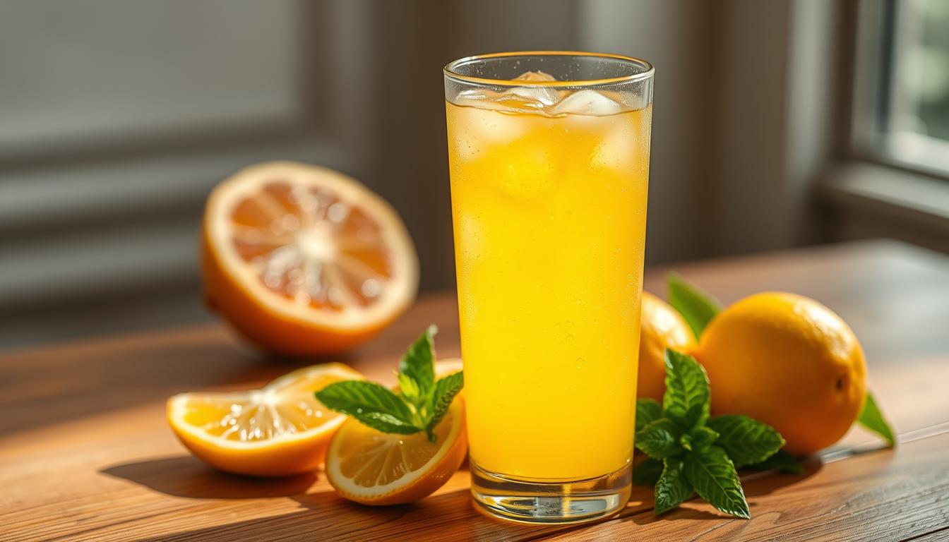 A refreshing glass of sparkling yuzu-mint soda, its vibrant yellow hue illuminated by soft, natural lighting. The beverage rests on a wooden table, surrounded by freshly harvested yuzu citrus and a sprig of mint, hinting at the flavors within. The glass condensation creates a dewy, inviting appearance, complemented by a delicate fizz and a subtle hint of sweetness. The overall scene conveys a sense of rejuvenation and a balanced, healthful indulgence, reflecting the benefits of this unique and delightful drink.