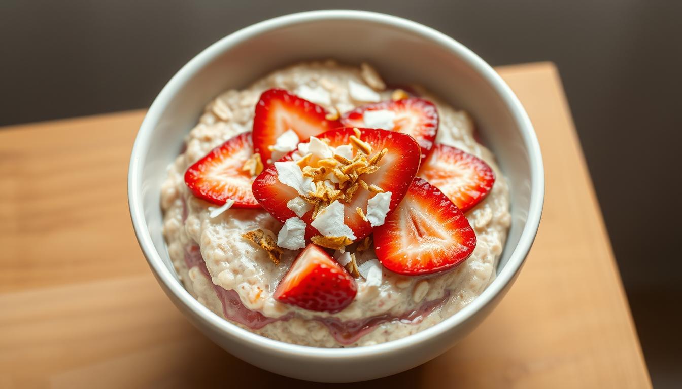 A crisp, evenly lit overhead view of a white ceramic bowl filled with a layered overnight oats dish. The bowl is placed on a wooden table against a soft, blurred background. The oats are topped with fresh strawberry slices, toasted coconut flakes, and a drizzle of honey. The lighting creates a warm, inviting atmosphere, highlighting the natural textures and colors of the ingredients. The composition emphasizes the simplicity and elegance of the dish, showcasing common mistakes people make when preparing overnight oats, such as not properly layering the ingredients or using the wrong oat-to-liquid ratio.