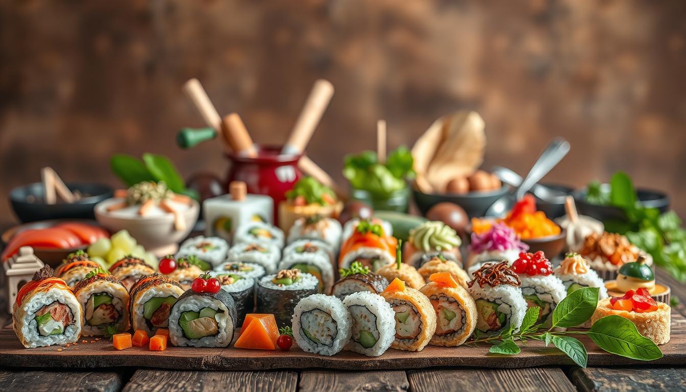 A visually striking still life composition showcasing an array of unique and appetizing culinary inspirations. In the foreground, an assortment of colorful sushi rolls, rice balls, and creative savory and sweet dishes, all artfully arranged on a rustic wooden surface. The middle ground features an assortment of fresh ingredients, spices, and garnishes, hinting at the diverse flavors and techniques used to craft these inspirational dishes. The background is softly blurred, creating a sense of depth and focus on the central culinary creations. The lighting is warm and natural, casting gentle shadows and highlights that accentuate the textures and colors of the scene. The overall mood is one of culinary creativity, innovation, and a tantalizing invitation to explore new and unique gastronomic possibilities.