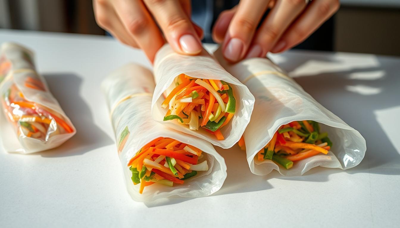 A close-up shot of fresh, homemade lumpia (spring rolls) being prepared. The lumpia wrappers are delicate and translucent, filled with a vibrant mixture of julienned vegetables and aromatic seasonings. Skilled hands carefully fold and roll the lumpia, creating a perfectly crisp exterior. Bright natural lighting illuminates the process, highlighting the vivid colors and textures. The tabletop is clean and uncluttered, allowing the lumpia-making to be the central focus. A sense of care and attention to detail pervades the scene, capturing the essence of what makes these lumpia so crisp and fresh.