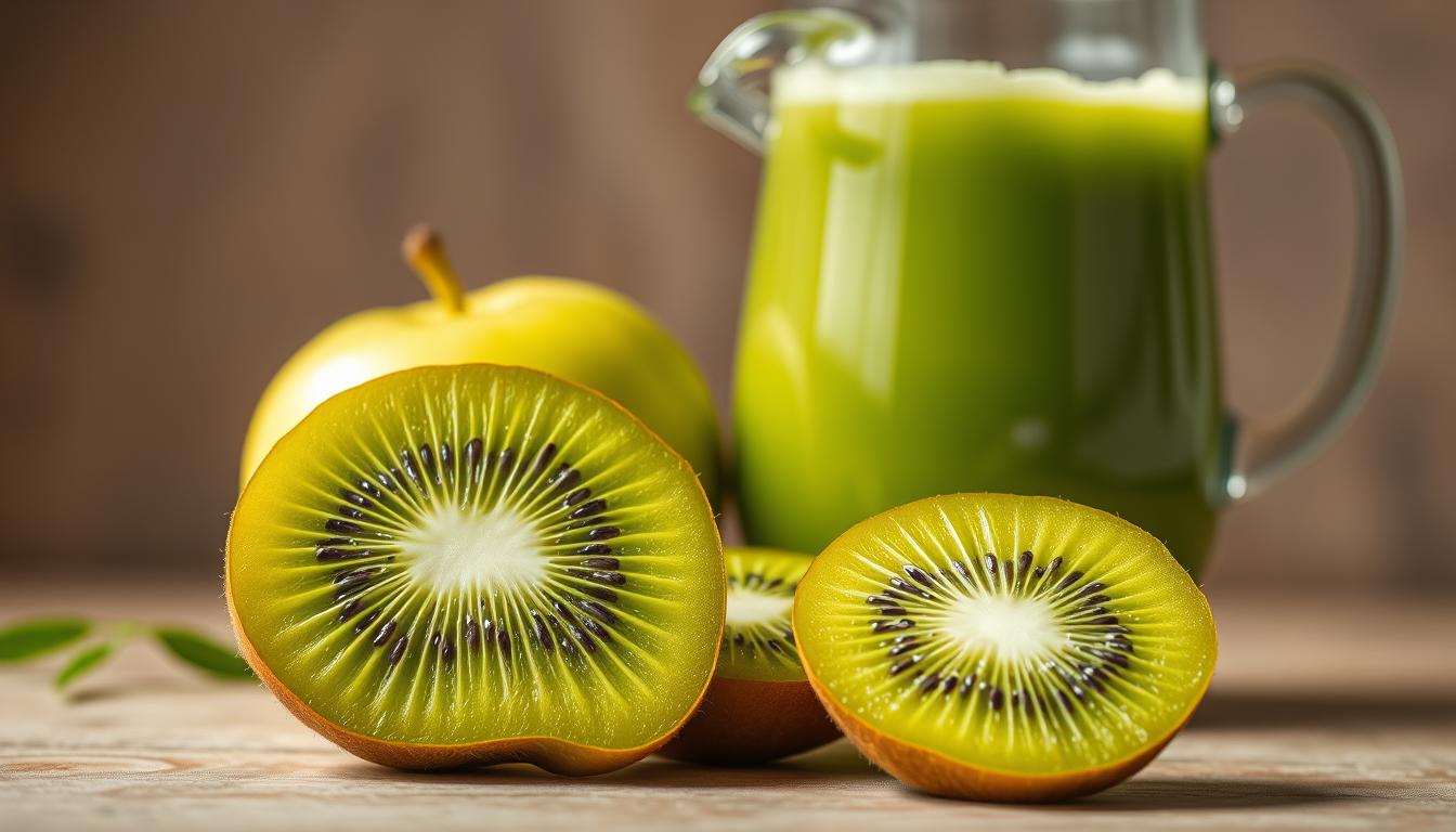 A vibrant still life capturing the essence of "nutrisi buah kiwi apel hijau". In the foreground, a freshly sliced kiwi fruit reveals its striking green flesh and tiny black seeds, glistening under soft, natural lighting. Behind it, a crisp, green apple sits, its smooth skin reflecting the muted tones of the scene. The middle ground features a glass pitcher filled with a refreshing, slightly foamy green juice, a testament to the nutrient-rich blend of kiwi and apple. The background is blurred, allowing the produce to take center stage, evoking a sense of wholesome, healthy indulgence. The overall composition exudes a calming, serene atmosphere, perfectly complementing the nourishing properties of the featured ingredients.