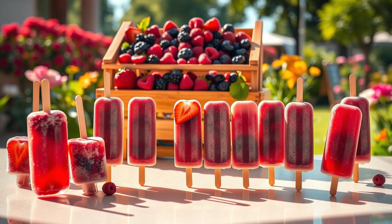 A vibrant still life showcasing a strategically displayed assortment of refreshing berry-flavored ice pops. The foreground features an array of artfully arranged ice lollies in various shades of red, blue, and purple, casting playful shadows on a smooth, reflective surface. The middle ground introduces an eye-catching wooden crate overflowing with fresh berries, hinting at the natural ingredients used to craft these delectable treats. The background sets the scene with a cheerful, sun-dappled outdoor setting, perhaps a lush garden or a bustling marketplace, suggesting the ideal environment to showcase and sell these enticing berry-infused icy delights. Warm, inviting lighting and a shallow depth of field create a visually captivating and appetizing composition.