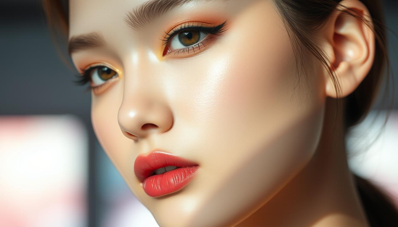 A visually striking image of the latest K-fashion makeup trend, captured in a soft, diffused lighting environment. The model's face is the focal point, showcasing a delicate, natural-looking base makeup with carefully sculpted brows, a subtle smokey eye, and a glossy, tinted lip. The middle ground features a blurred, pastel-hued background, complementing the model's youthful and ethereal appearance. The overall composition is balanced, with a medium close-up perspective that emphasizes the intricate details of the makeup application. The image exudes a sense of elegance, sophistication, and the current popularity of the K-fashion inspired makeup aesthetic.