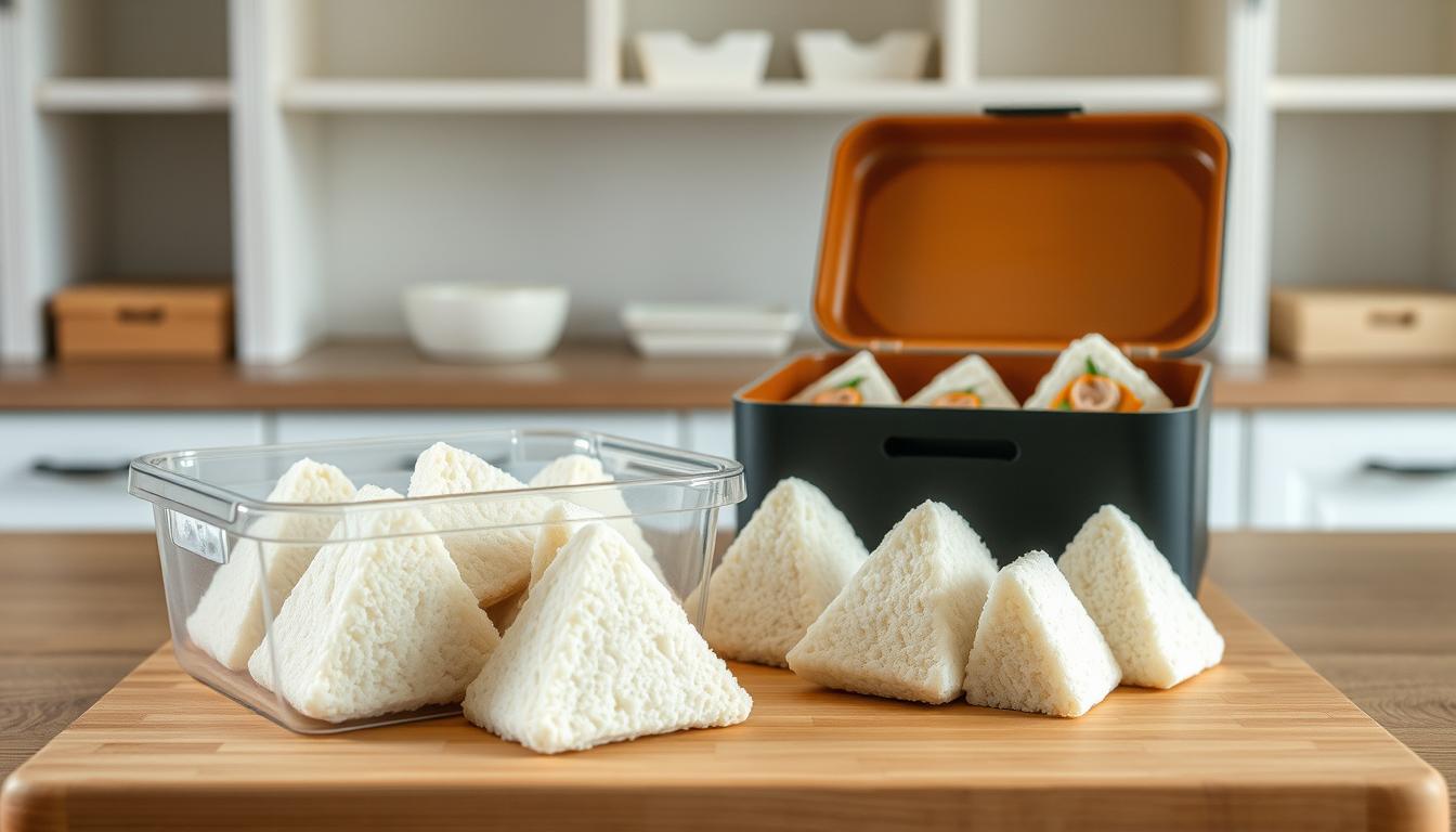 A neatly organized kitchen countertop with a wooden board, showcasing the proper storage techniques for onigiri. In the foreground, a transparent storage container with meticulously arranged onigiri, their distinct triangular shapes visible. The middle ground features an opened bento box, revealing the onigiri's contents, such as tuna mayonnaise filling. In the background, a backdrop of clean, minimalist shelves or cabinets, creating a serene and organized atmosphere. The lighting is soft and natural, accentuating the textures and colors of the onigiri and their storage containers. The overall composition conveys a sense of attention to detail and the importance of properly preserving the onigiri's freshness and presentation.