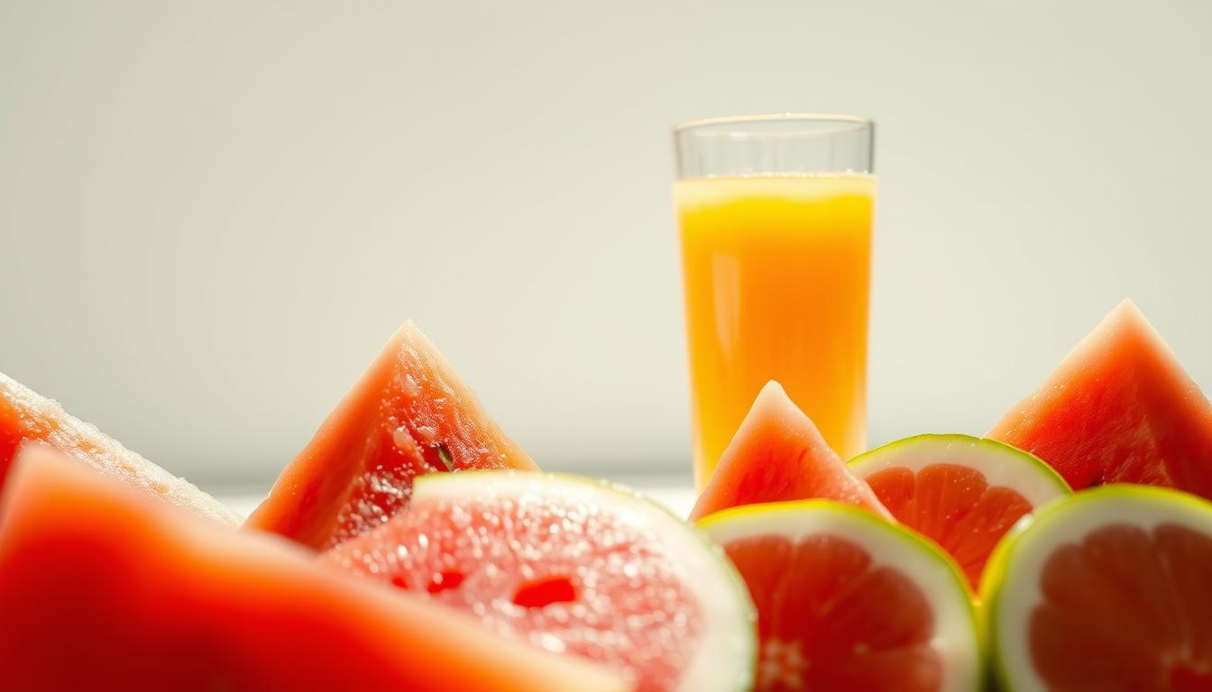 A refreshing blend of watermelon and orange juice, captured in a vibrant, sun-drenched image. Lush, ripe watermelon slices occupy the foreground, their juicy flesh gleaming under soft, natural lighting. In the middle ground, a glass filled with the vivid, amber-hued orange juice stands alongside, its surface reflecting the light and creating a sense of depth. The background features a minimalist, clean setting, allowing the vibrant colors of the juices to take center stage. The overall mood is one of freshness, vitality, and a touch of summery warmth, inviting the viewer to experience the rejuvenating properties of this delightful juice combination.