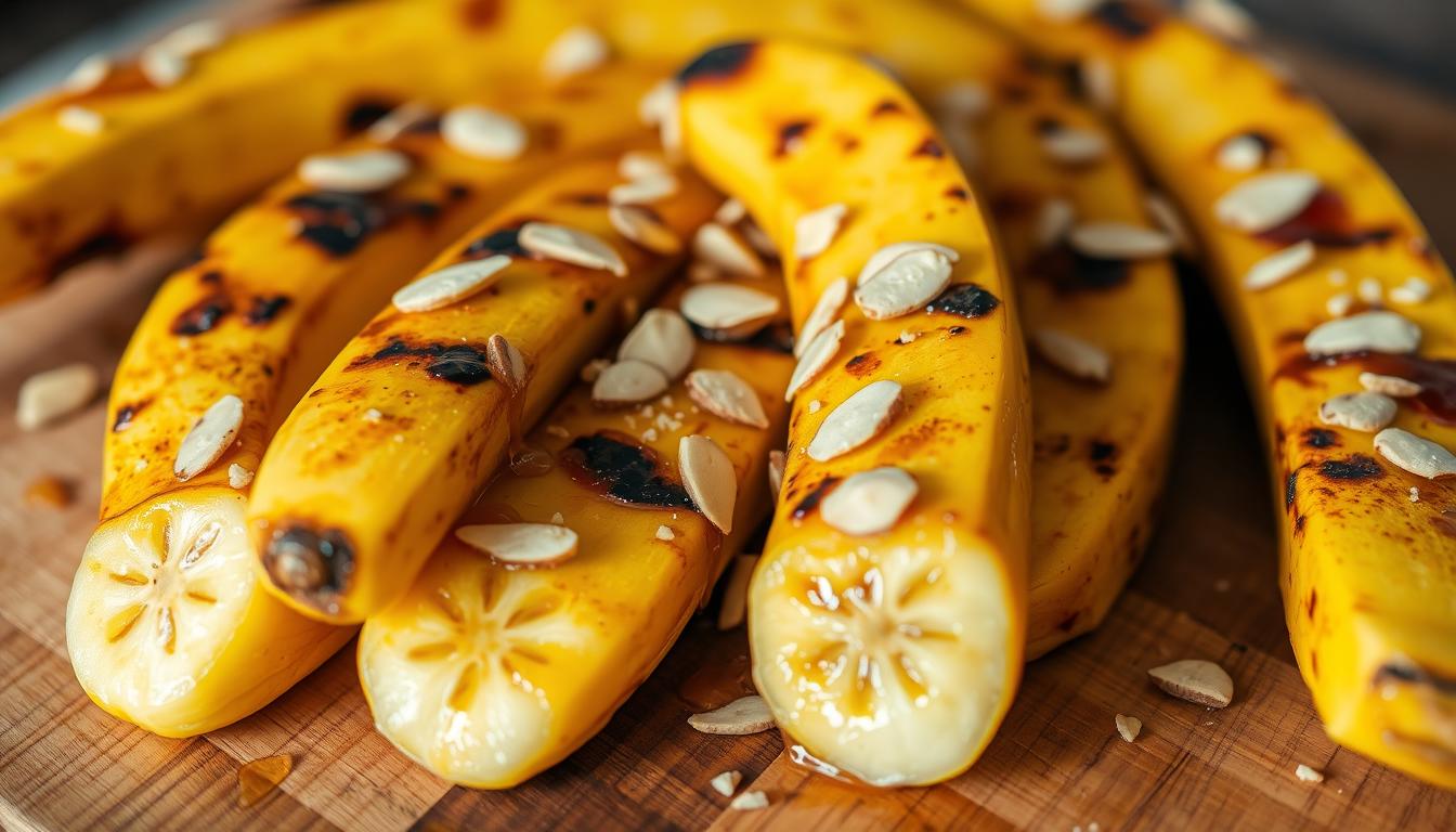 A close-up photograph of perfectly ripe bananas, their yellow skin lightly charred and caramelized, drizzled with golden honey and sprinkled with crunchy slivered almonds. The bananas are arranged on a rustic wooden cutting board, the warm tones of the wood complementing the rich hues of the fruit. Soft, diffused lighting illuminates the scene, casting gentle shadows and highlighting the delicate textures. The overall mood is cozy, inviting, and mouthwatering, perfectly capturing the essence of a homemade "Pisang Bakar Madu Almond" snack.