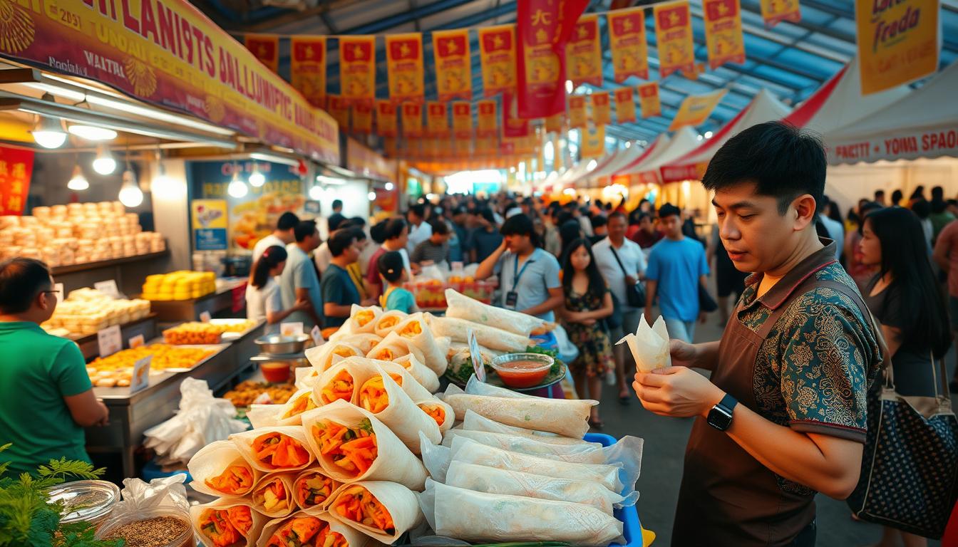 A bustling food festival, vibrant and inviting, with an array of stalls offering the delectable Lumpia Basah. In the foreground, a vendor skillfully assembles the fresh spring rolls, their crisp exterior revealing the enticing filling of toge and carrots. Aromatic spices and herbs fill the air, complemented by the rich aroma of the savory peanut sauce. In the middle ground, crowds of eager attendees peruse the diverse culinary offerings, their faces alight with excitement. The background is a tapestry of colorful tents, festive banners, and the lively energy of a community celebration of food. Warm, natural lighting illuminates the scene, capturing the authentic and mouthwatering experience of this culinary festival.