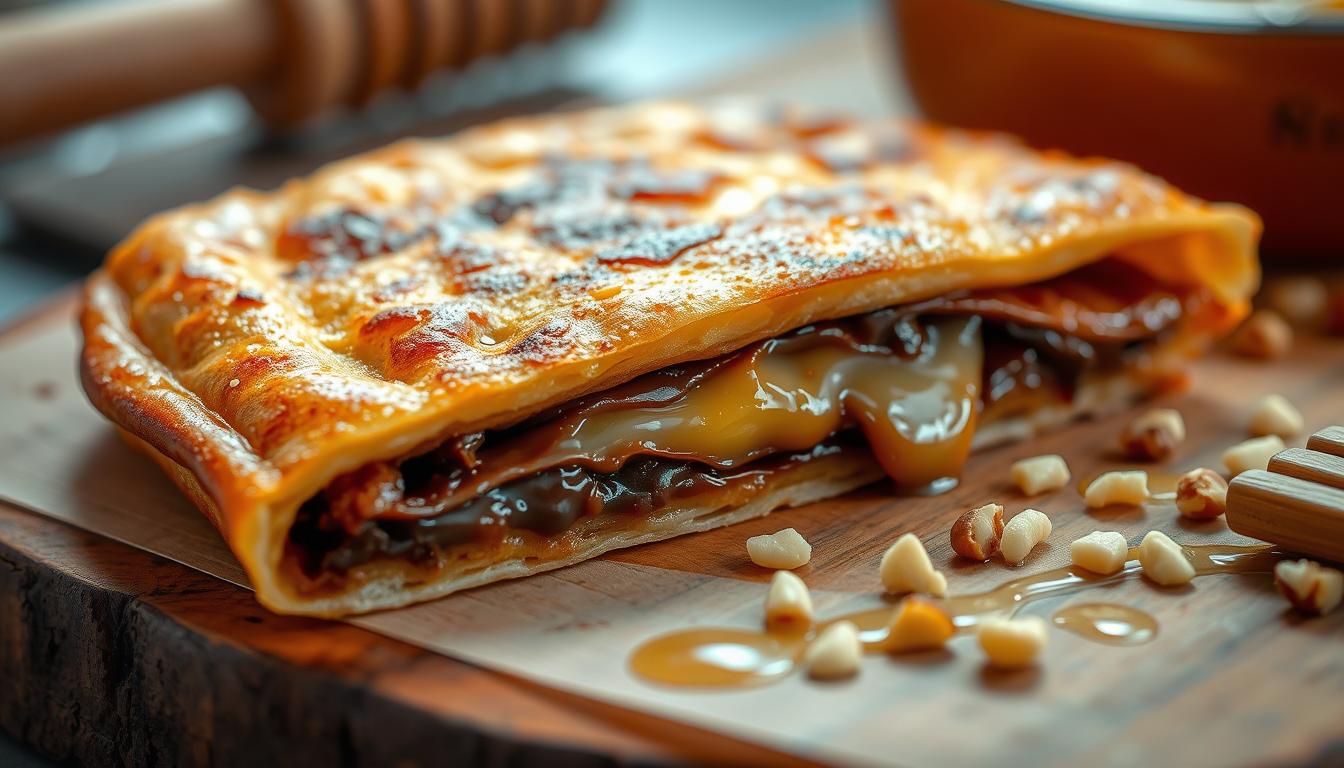 Detailed close-up shot of a delectable homemade martabak, its crispy golden-brown exterior glistening in the soft, warm lighting. The flaky layers of dough are perfectly cooked, revealing a decadent filling of rich melted chocolate and gooey, stretchy cheese. Arranged artfully on a rustic wooden surface, with a scattering of chopped nuts and a drizzle of honey for an added touch of sweetness. The scene evokes a sense of comforting indulgence and mouthwatering temptation, capturing the essence of the "Langkah-Langkah Membuat Martabak Mini Cokelat-Keju" section.