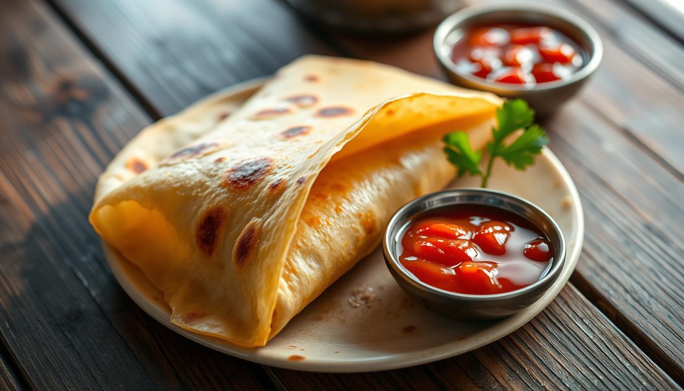A beautifully lit close-up of freshly prepared roti gulung, the thin flatbread rolled around a fluffy egg filling. The roti surface has a golden, lightly charred texture, and the egg filling is visible through the translucent dough. On a rustic wooden table, accompanied by a small bowl of vibrant tomato sauce, garnished with a sprig of fresh cilantro. The scene conveys a sense of homemade authenticity and culinary craftsmanship.