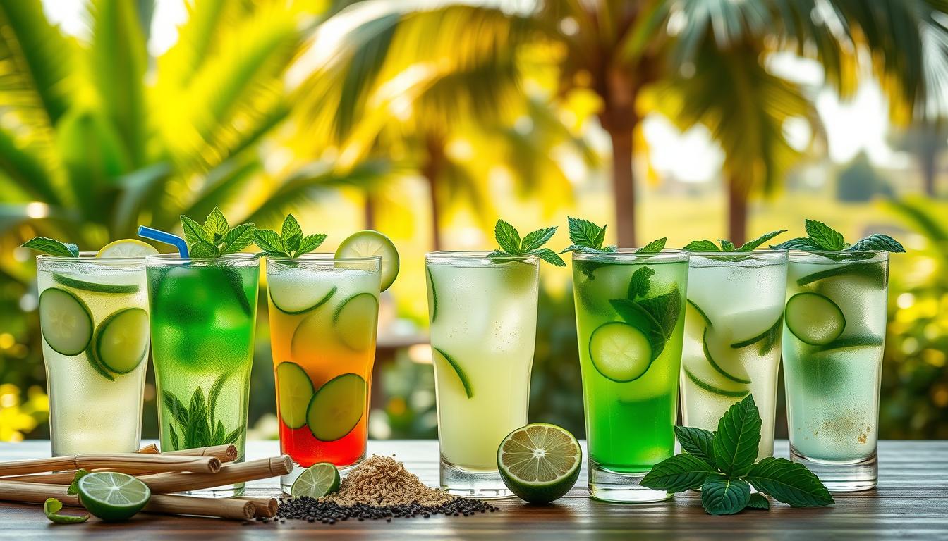 A vibrant and refreshing display of Variasi Resep Es Timun Selasih. In the foreground, an array of colorful glasses filled with translucent, mint-green cucumber and basil seed beverages, garnished with slices of cucumber, sprigs of fresh mint, and a sprinkle of tiny black basil seeds. The middle ground showcases a variety of ingredients used to craft these delightful summer drinks, including fragrant lemon grass, juicy limes, and bunches of fresh basil. In the background, a blurred scene of a lush, verdant garden with towering palm trees, hinting at the natural inspiration behind these thirst-quenching concoctions. Bathed in warm, golden sunlight, the scene evokes a sense of refreshing tranquility and the perfect antidote to the summer heat.