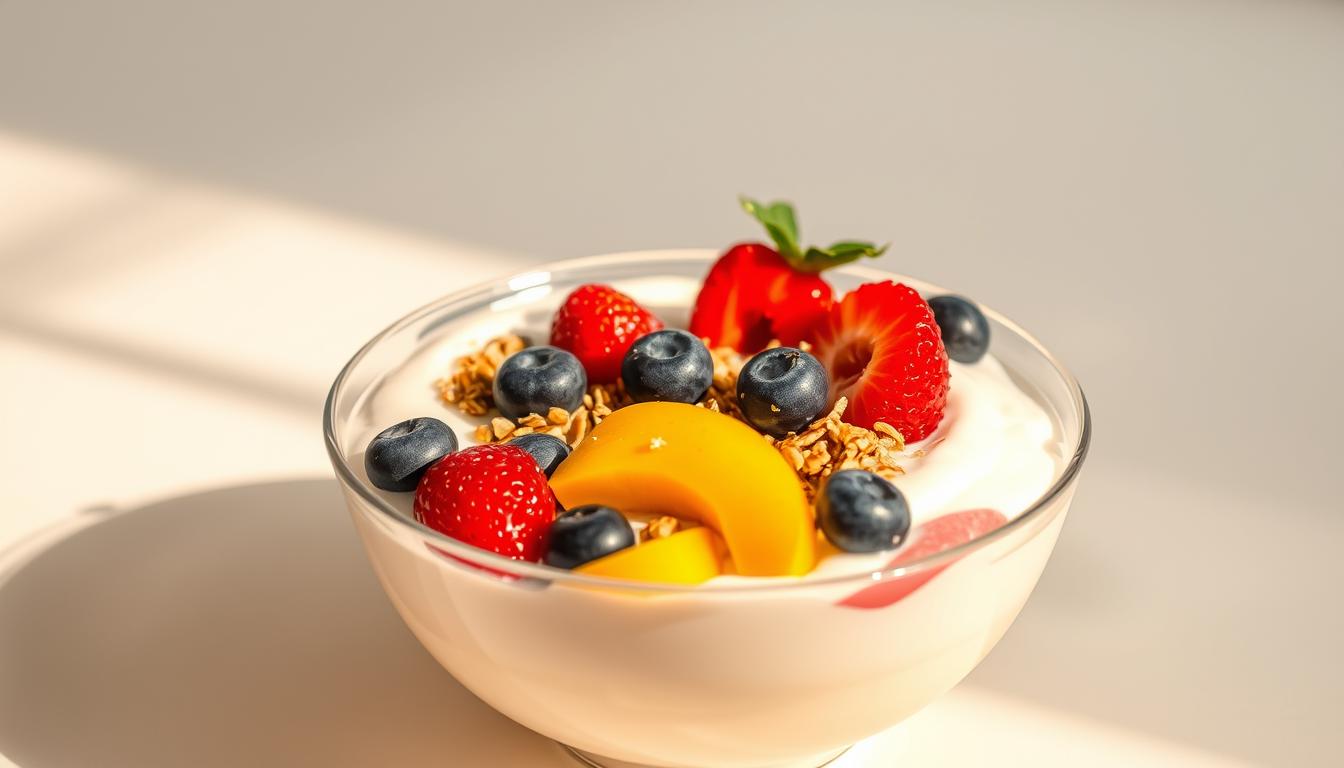A beautifully arranged yoghurt bowl with luscious creamy yoghurt, topped with an artful medley of vibrant fresh berries, juicy mango slices, and a sprinkling of crunchy granola. The bowl is set against a clean, minimalist backdrop, illuminated by warm, natural lighting that casts a soft, ethereal glow. The composition is balanced and visually appealing, drawing the eye to the delightful contrast of the smooth, velvety yoghurt and the varied textures of the toppings. This inviting scene perfectly captures the essence of a nourishing and delicious yoghurt bowl, ready to be savored.