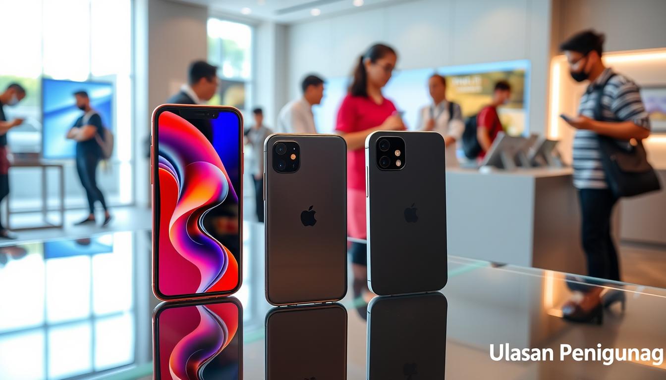 A bustling technology showroom, with two smartphones prominently displayed on a sleek glass table. The iPhone 16 gleams under warm, directional lighting, its elegant design and vivid display captivating onlookers. Beside it, the Pixel 9a stands out with its matte, industrial aesthetic, drawing the eye with its cutting-edge camera setup. In the background, a soft, neutral-toned environment creates a sense of sophistication and professionalism, inviting users to closely examine and compare the devices. The scene conveys a balance of form, function, and user experience, reflecting the essence of the "Ulasan Pengguna" section.