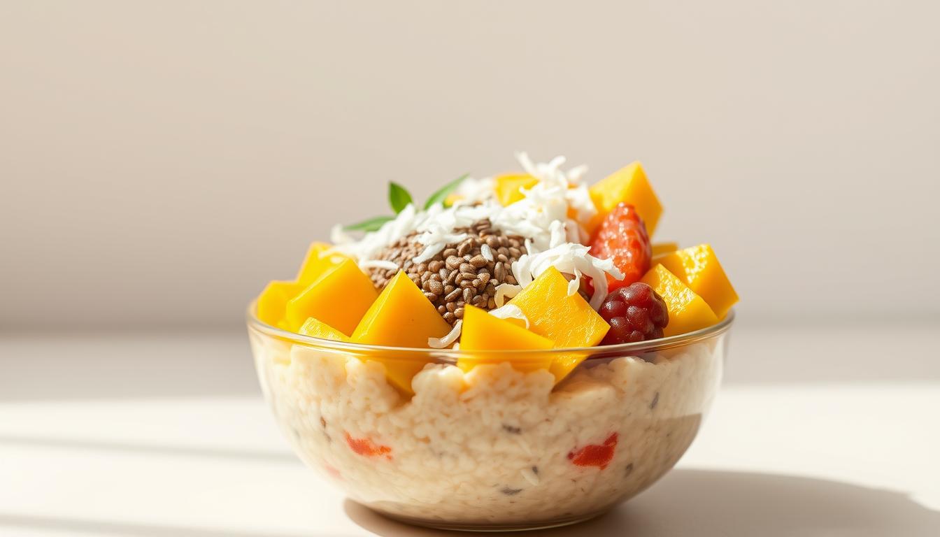 A vibrant and healthy breakfast bowl, overflowing with a creative blend of oats, fresh tropical fruits, and nourishing toppings. The focal point is a mouthwatering arrangement of sliced mango, shredded coconut, and chia seeds, all nestled atop a base of creamy, overnight-soaked oats. The bowl is illuminated by soft, natural lighting that casts a warm, inviting glow, highlighting the textural contrasts and vibrant colors. In the background, a minimalist, light-colored backdrop provides a clean, uncluttered setting, allowing the hearty, wholesome ingredients to take center stage. This image captures the essence of a delightful, nutritious oats-based creation, perfect for inspiring new ways to enjoy the versatility of this superfood.