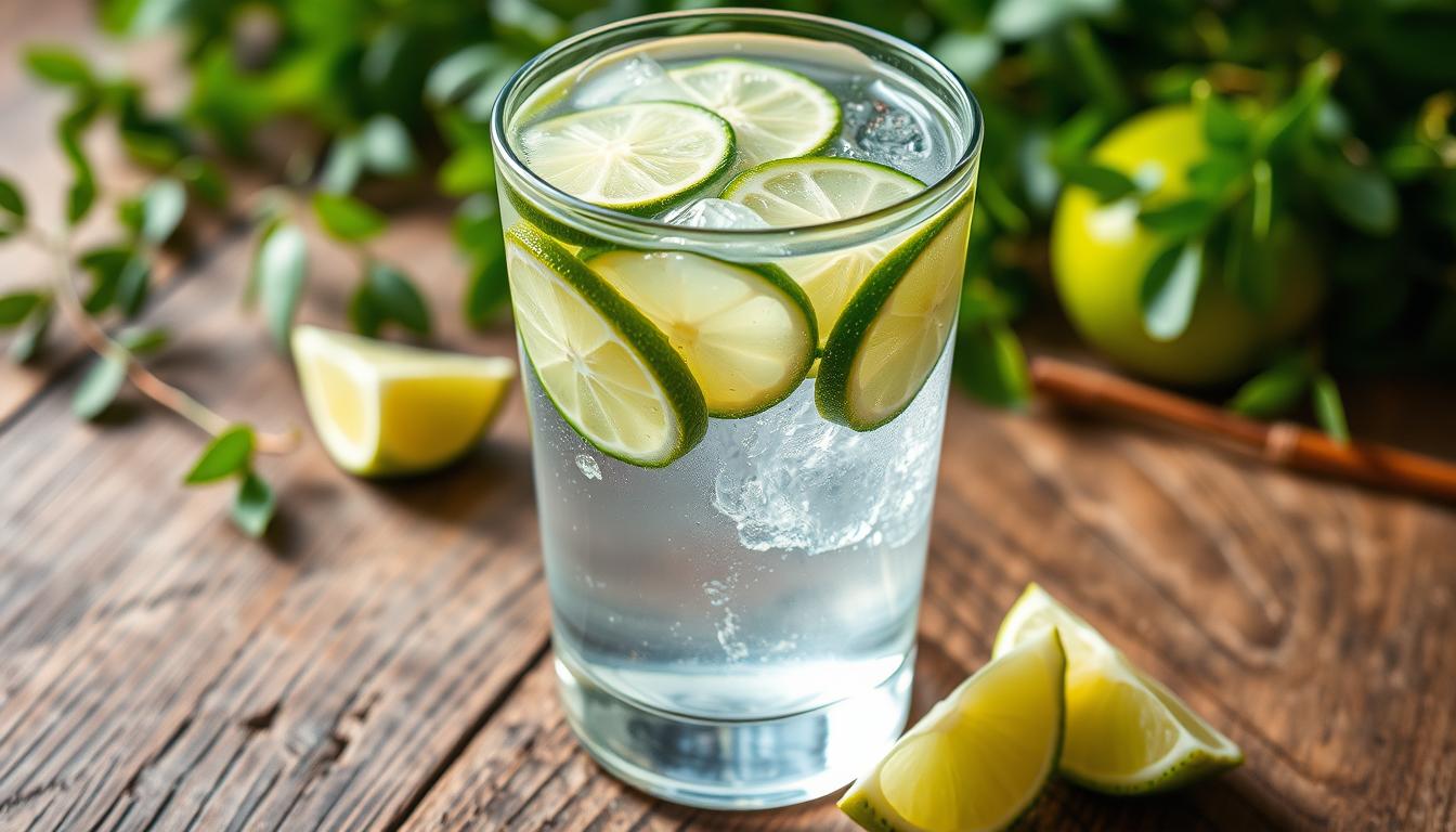 A chilled glass filled with clear, refreshing infused water, featuring sliced cucumbers and limes floating in the cool liquid. The glass is placed on a rustic wooden table, surrounded by fresh greenery and a few lime wedges. Soft, natural lighting casts a gentle glow, creating a serene, calming atmosphere. The composition emphasizes the vibrant colors and natural simplicity of this healthy, hydrating beverage, perfectly suited for a moment of refreshment on a warm day.