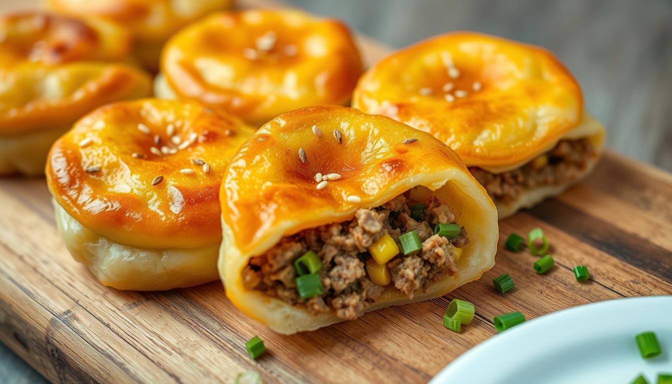 A close-up shot of freshly made mini martabak (Indonesian sweet pancake) filled with savory minced meat, eggs, and herbs. The golden-brown pancakes are glistening with a crisp exterior, revealing a soft, fluffy interior. The filling of ground beef or chicken, sautéed with aromatics like garlic, shallots, and spices, creates an enticing aroma. A dusting of toasted sesame seeds adds a delightful crunch. The martabak are arranged on a rustic wooden board, with a simple white plate and a sprinkle of chopped scallions as garnish, conveying a homemade, comforting atmosphere. Soft, warm lighting highlights the inviting textures and colors, making the viewer eager to savor these delectable mini martabak.