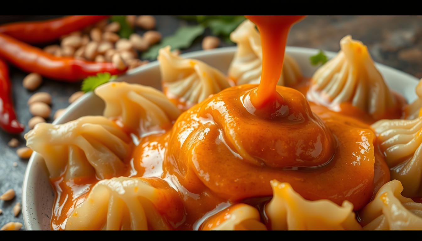 A close-up shot of freshly made cilok (Indonesian savory dumplings) being coated in a rich, spicy peanut sauce. The cilok have a chewy, al dente texture, glistening with the vibrant orange-red sauce. In the background, a scatter of chili peppers, crushed peanuts, and a few sprigs of cilantro add depth and color. The lighting is warm and natural, casting a soft glow on the scene. The camera angle is slightly elevated, giving a bird's-eye view of the preparation process, highlighting the satisfying details of this authentic Indonesian street food.