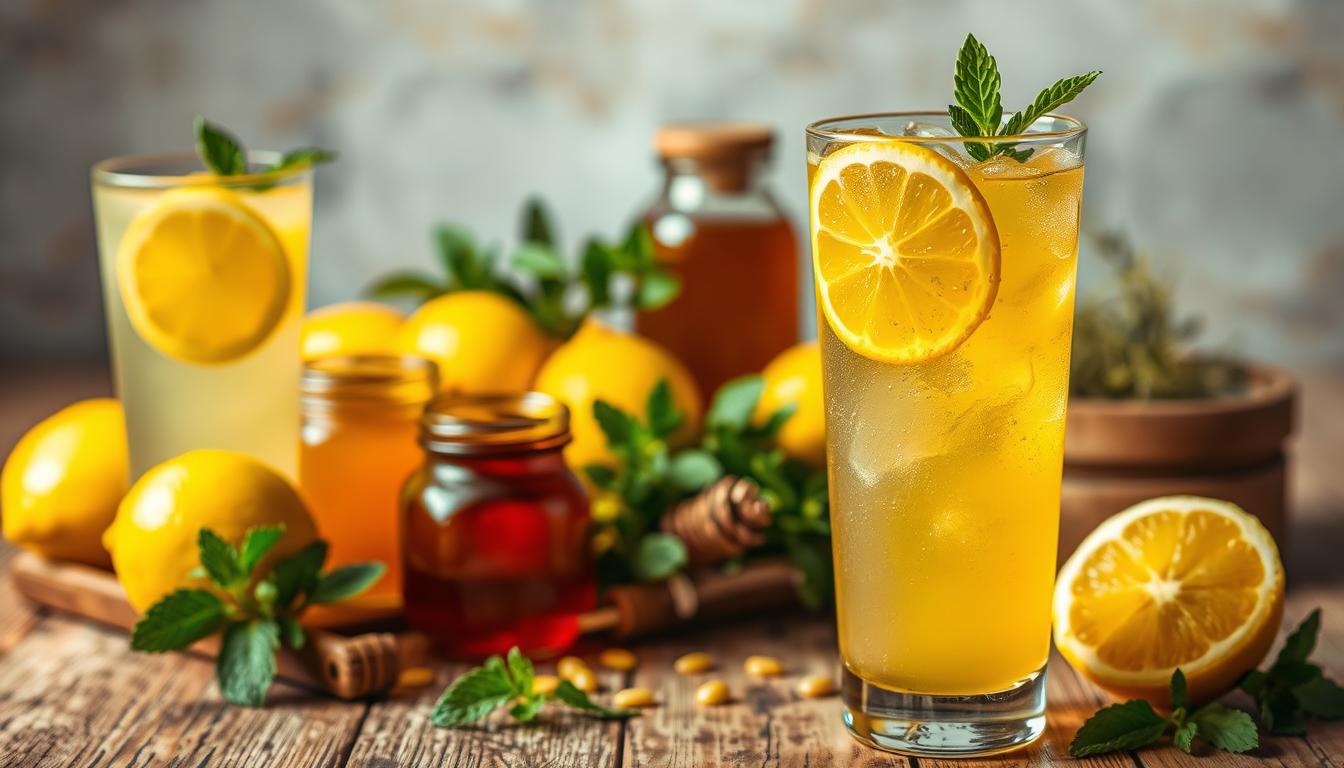 Variasi Resep Lemon Soda Madu: A vibrant array of refreshing lemon soda drinks, each infused with the golden sweetness of honey. In the foreground, a tall glass showcases the effervescent blend of tart lemon and rich honey, garnished with a slice of lemon and a drizzle of honey. The middle ground features an assortment of ingredients, including fresh lemons, sprigs of mint, and jars of honey, arranged in a rustic, natural setting. The background is a soft, hazy blur, creating a sense of warmth and ambiance. The lighting is soft and natural, casting a gentle glow on the scene, highlighting the vibrant colors and textures of the ingredients. The overall mood is one of refreshing delight and a touch of nostalgia, evoking the sweet memories of simpler times.