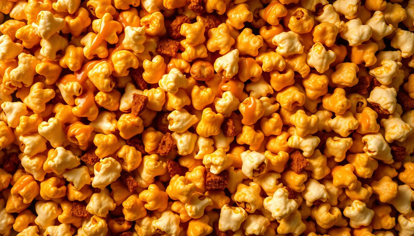 A delightful assortment of freshly popped kernels, drizzled with a decadent caramel glaze that glistens under warm lighting. The caramel has a rich, amber hue, creating a mesmerizing contrast against the golden-brown popcorn. Scattered throughout are crunchy, caramelized pieces that add a delightful textural interplay. The scene is captured from an overhead angle, showcasing the intricate details and the enticing aroma that wafts through the air. The image conveys a cozy, indulgent atmosphere, perfect for an evening of movie-watching or casual snacking.