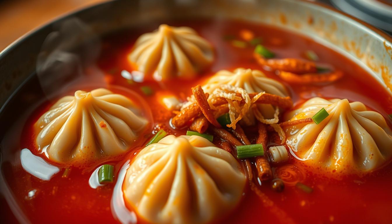 A steaming bowl of homemade cilok kuah, the popular Indonesian street food. In the foreground, several plump cilok dumplings with a golden-brown exterior sit in a rich, vibrant red chili broth. The broth glistens with tiny droplets, hinting at its fiery yet enticing flavor. Garnishes of crisp scallions, crunchy fried shallots, and a drizzle of savory kecap manis add layers of texture and taste. The image is captured in warm, diffused lighting, creating an inviting and appetizing scene that captures the essence of this beloved Indonesian delicacy.