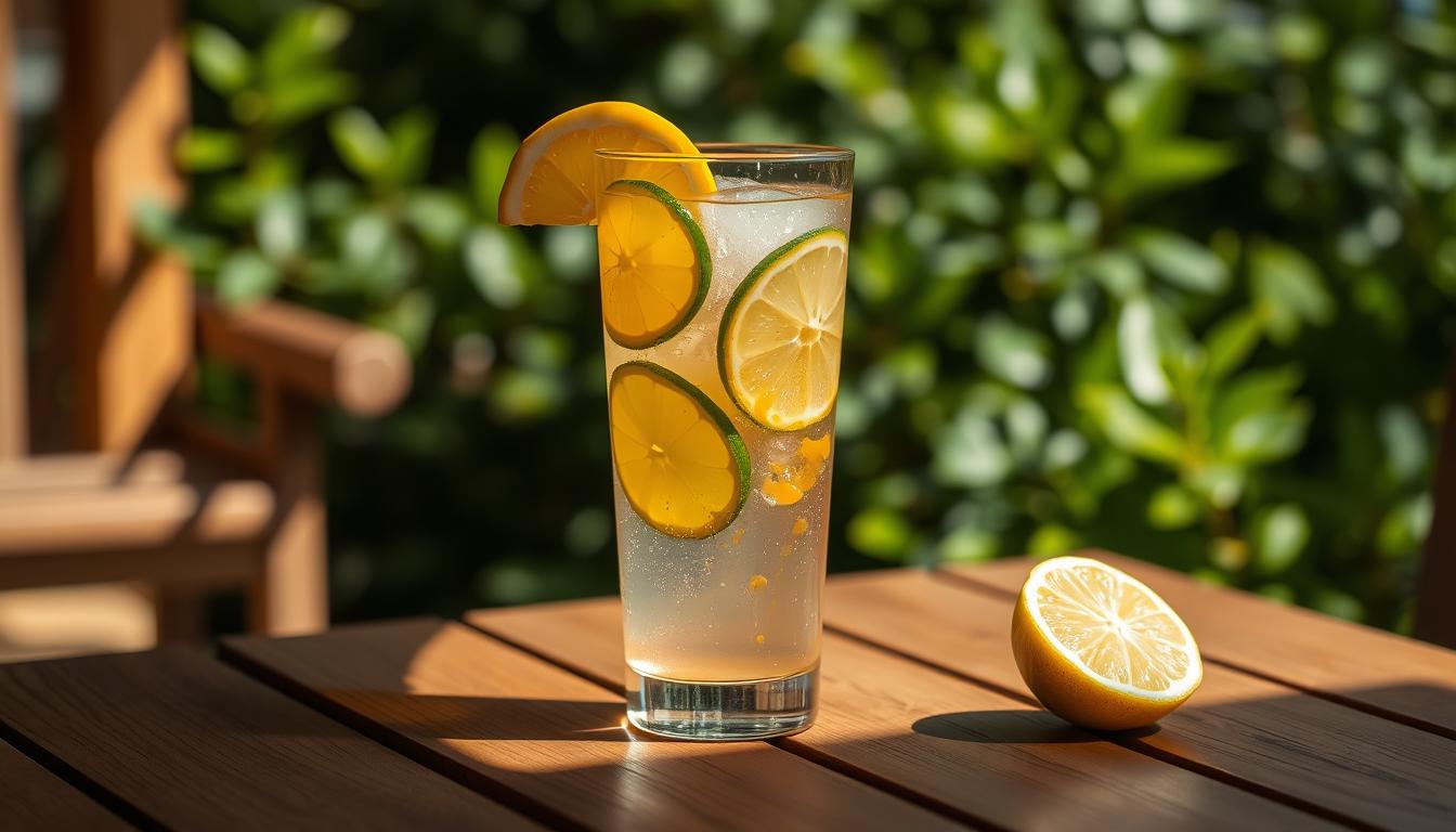 A refreshing glass of homemade citrus soda, with sliced lemons, limes, and a drizzle of golden honey, sits on a wooden table. The drink is illuminated by soft, natural lighting, casting gentle shadows and creating a warm, inviting atmosphere. The table is set against a backdrop of lush greenery, perhaps a garden or a cozy outdoor gathering space, hinting at the special occasion for which this thirst-quenching beverage is being served.