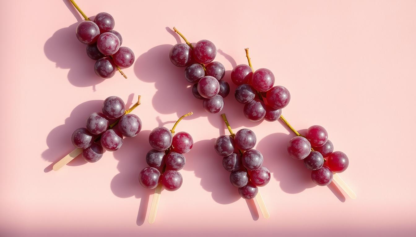 A delightful arrangement of healthy frozen grape snacks, perfect for children's enjoyment. The grapes, plump and vibrant, are neatly arranged in a visually appealing pattern, casting long shadows that add depth and dimension to the scene. The lighting is soft and diffused, creating a warm and inviting atmosphere. The background is a simple, muted color that allows the snacks to take center stage, drawing the viewer's attention to the refreshing and nutritious treat. The overall composition is balanced and aesthetically pleasing, capturing the essence of a delightful frozen grape snack for children.