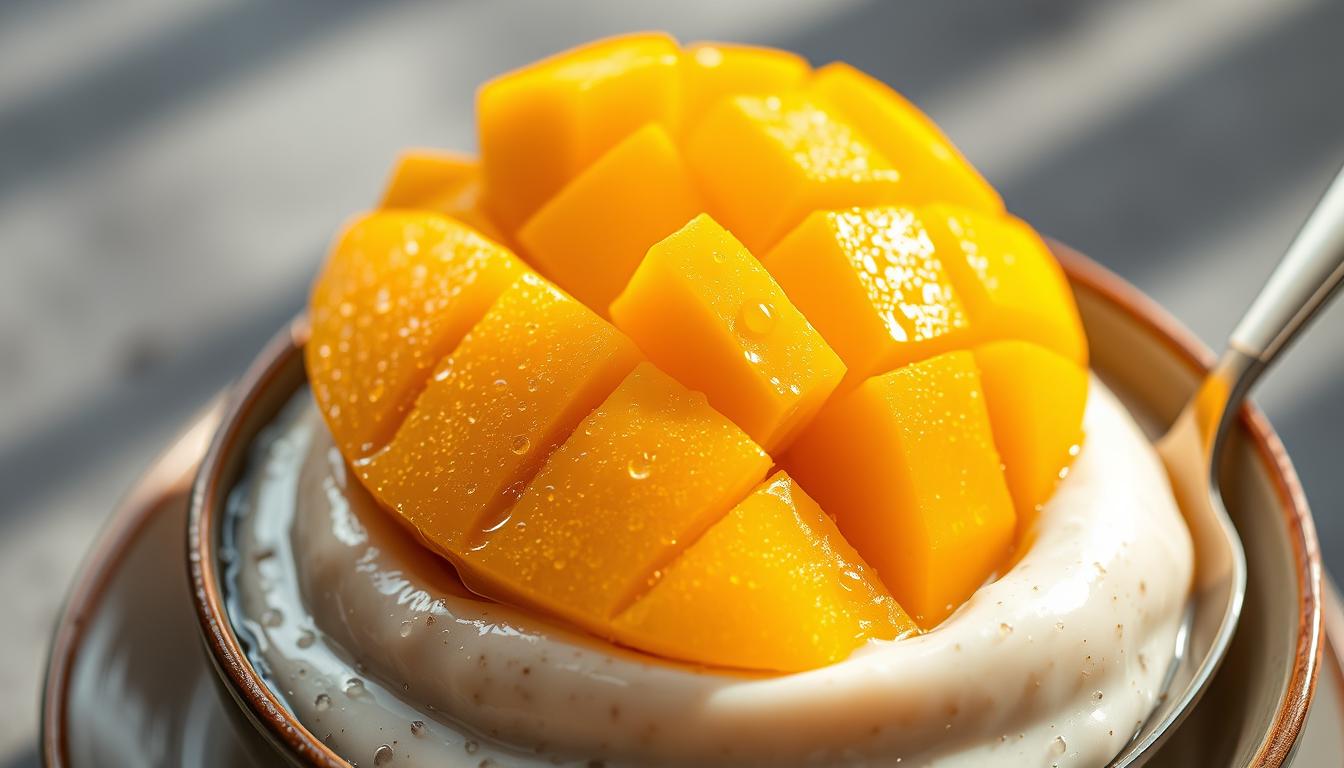 A lusciously ripe mango, its golden flesh glistening with dew, sits atop a creamy, coconut-infused bubur chia. The mango's vibrant hues are accentuated by soft, natural lighting, casting gentle shadows that highlight its succulent texture. The pudding's smooth, velvety consistency is captured in the image, inviting the viewer to savor each delectable spoonful. The scene is photographed from a slightly elevated angle, emphasizing the appealing layering of the dish and creating a sense of depth and dimension. The overall mood is one of freshness, indulgence, and the comforting satisfaction of a nourishing, tropical-inspired breakfast.