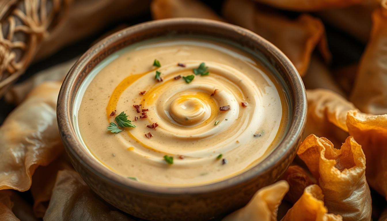 A delectable peanut sauce sits in a rustic ceramic bowl, its rich, creamy texture glistening under the soft, diffused light. Swirls of aromatic spices and finely chopped herbs infuse the sauce, adding depth and complexity to its flavor. Surrounding the bowl, a scattering of crisp, freshly fried lumpia wrappers, their golden-brown hues complementing the earthy tones of the sauce. The scene is set against a backdrop of warm, natural textures, creating a cozy, inviting atmosphere that beckons the viewer to dip, savor, and indulge in this delectable pairing.