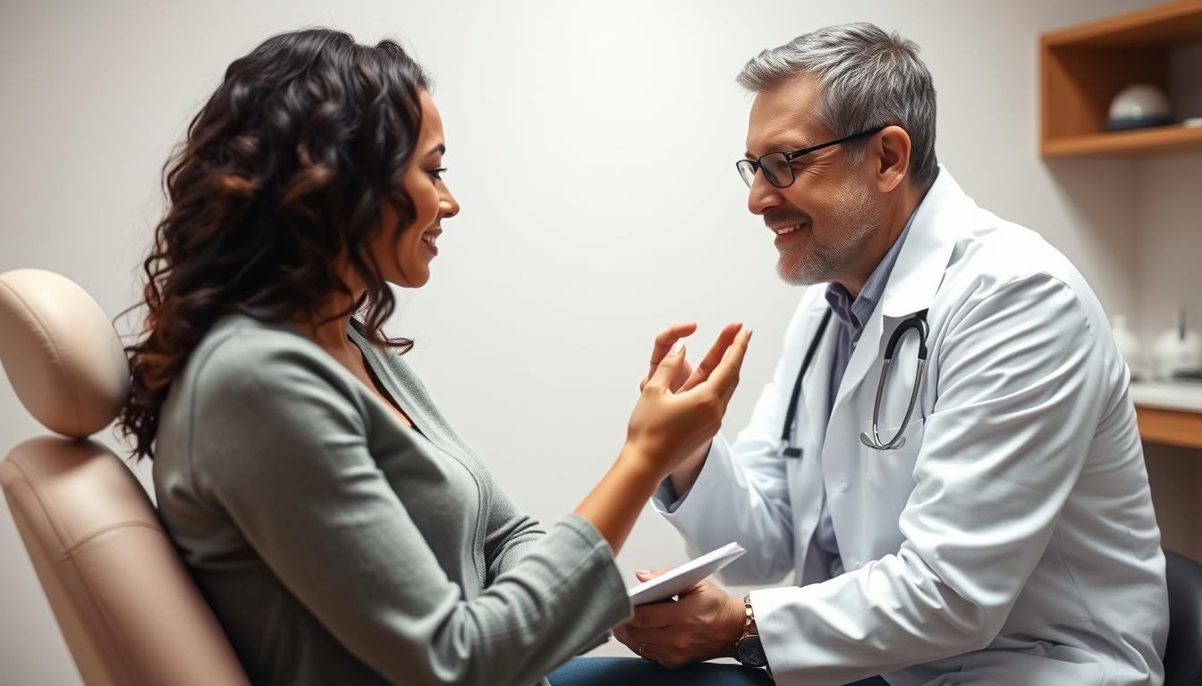 A patient sitting comfortably in an examination room, facing a dermatologist who is carefully inspecting their skin. The room is well-lit with soft, diffused lighting that creates a soothing atmosphere. The doctor is leaning in, attentively examining the patient's face, gently palpating and taking notes. The patient's expression is one of trust and openness, as they engage in a thoughtful discussion about their skin concerns. The scene conveys a sense of professionalism, empathy, and a collaborative approach to addressing the patient's skin health.