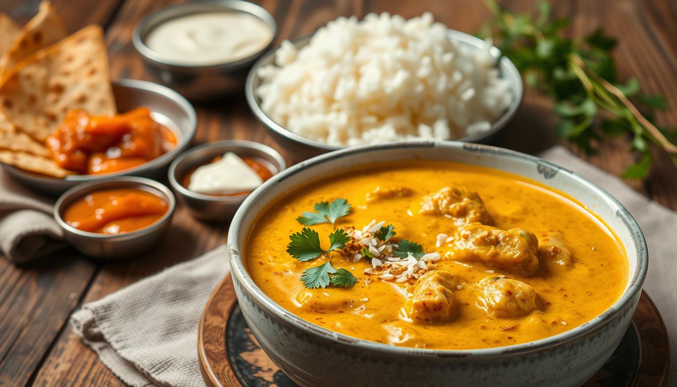 A sumptuous arrangement of various presentations of creamy chicken curry, showcasing its versatility. In the foreground, a steaming bowl of fragrant, golden-hued curry, garnished with fresh cilantro and a sprinkle of toasted coconut. In the middle ground, a plate of fluffy white rice, accompanied by a selection of condiments - crisp papadoms, tangy mango chutney, and a vibrant raita. The background features a rustic wooden table, with a textured linen napkin and a sprig of fresh herbs, setting a warm, authentic ambiance. Soft, directional lighting illuminates the scene, highlighting the rich, velvety texture of the curry and the vibrant colors of the accompaniments. The overall composition conveys the comforting and aromatic nature of this beloved Malaysian dish.