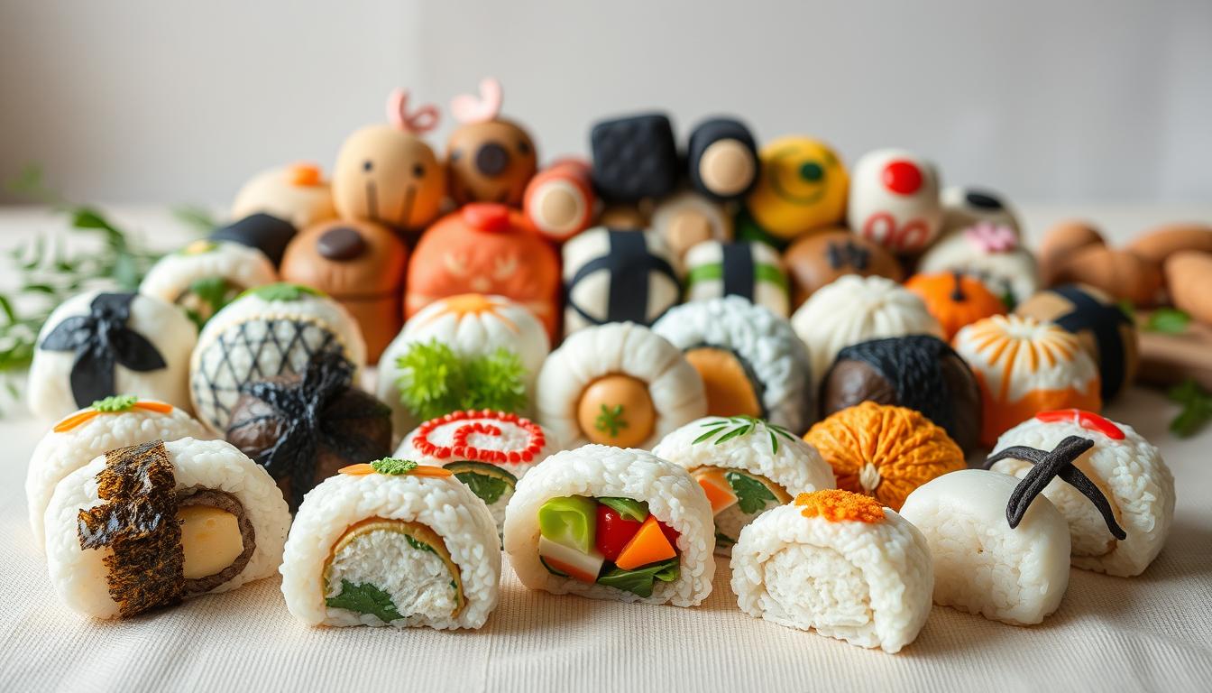 A beautifully arranged assortment of creative onigiri (Japanese rice balls) in a natural, well-lit setting. The foreground features an array of uniquely shaped and decorated onigiri, each showcasing a distinct artistic flair - some with seaweed accents, others with vibrant vegetable fillings peeking out. The middle ground displays a variety of onigiri in different colors and textures, arranged in a visually appealing, harmonious composition. The background depicts a serene, minimalist backdrop, allowing the onigiri to be the true stars of the scene. The overall atmosphere is one of artisanal craftsmanship, culinary creativity, and Japanese culinary tradition.